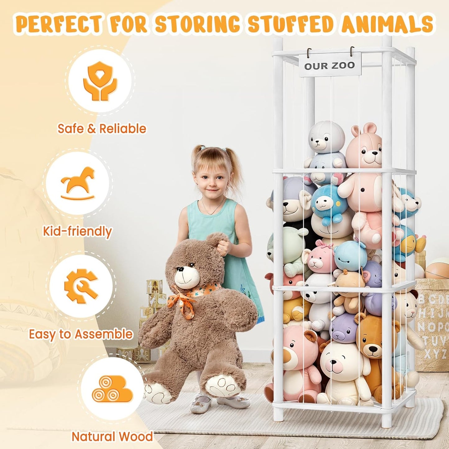 Stuffed Animal Storage & Organizer, Wooden Cute Zoo Toy Holder for Toddler Rooms, Playrooms & Bedrooms（White）