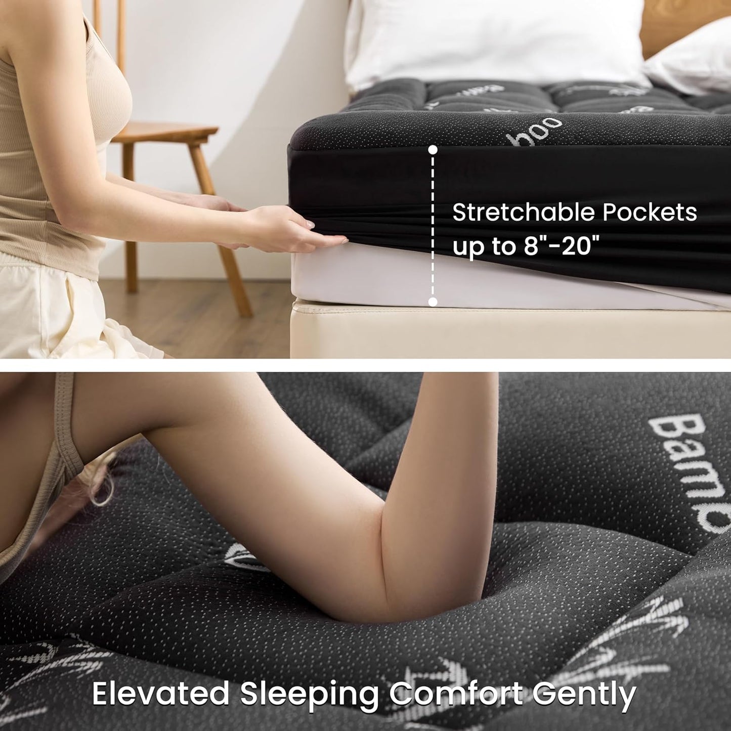 Love's cabin Full Size Mattress Topper, Rayon Derived from Bamboo, 900 GSM Mattress Topper Pad, Thick Pillow Top Mattress Pad with Stretches up 8"-20" Deep Pocket(54"x75"), Black