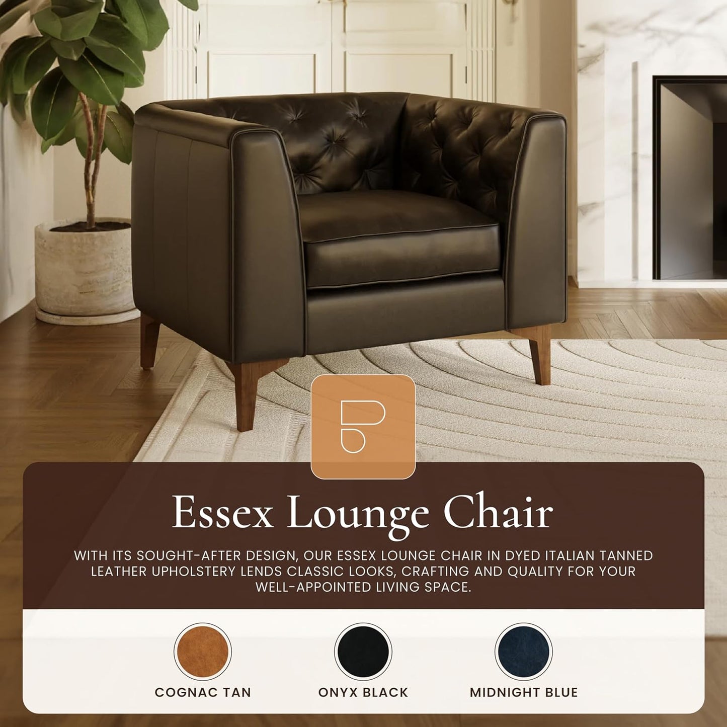 Poly & Bark Essex Lounge Chair - Leather Chair with Tufted Back - Full-Grain Living Room Armchair with Feather-Down Topper - Vintage Italian Leather in Midnight Black - Set of 2