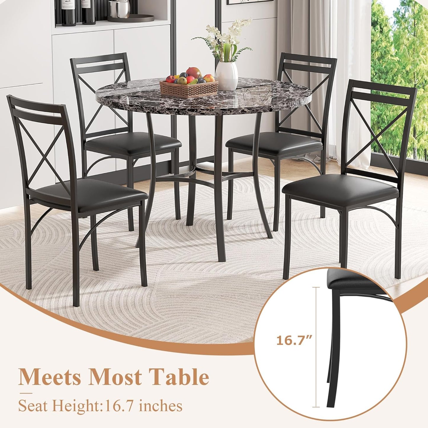 VECELO Metal Dining Chairs Set of 4, Steel Legs and PU Leather Cushion Seats for Kitchen, Living Room, Black