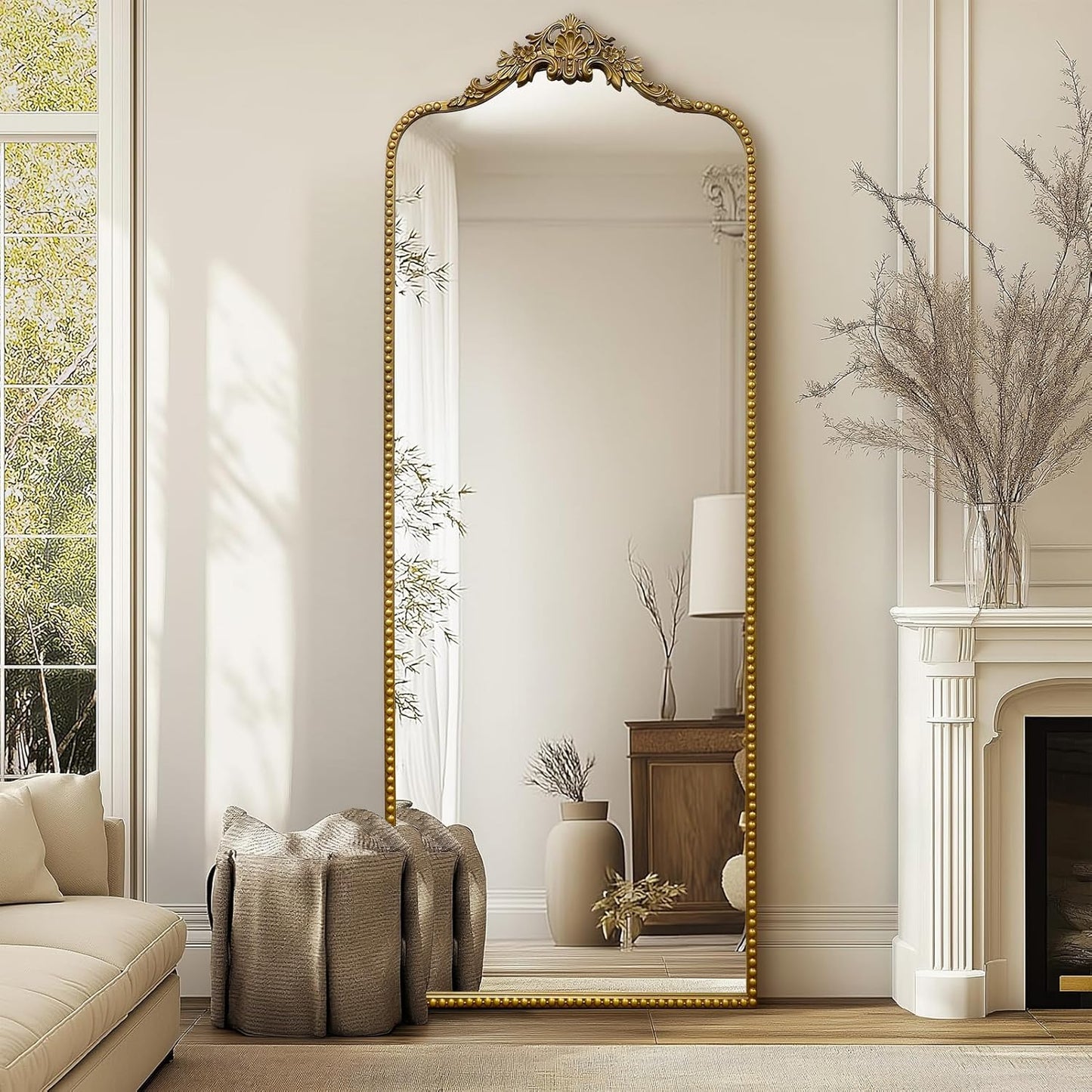 G-LEAF Vintage Baroque Full Length Floor Mirror 75"X30", Victorian Antique Mirror with Brush Gold Ornate Metal Frame for Fireplace Entryway Living Room Hallway Bathroom