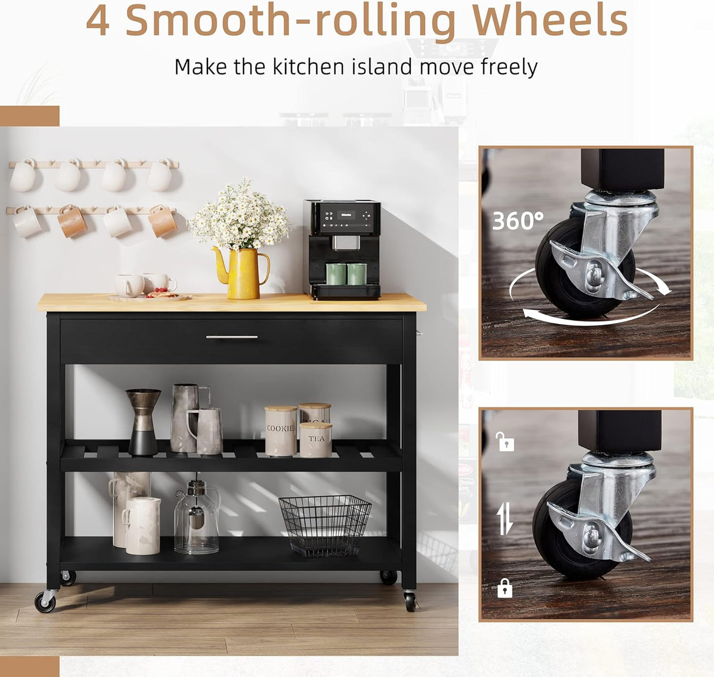 Shintenchi Kitchen Island Cart with Storage,Rolling Kitchen Island Side Table on Wheels with Large Worktop,Storage Cabinet,Towel Rack,Drawers and Open Shelves for Kitchen,Dinning Room,Black