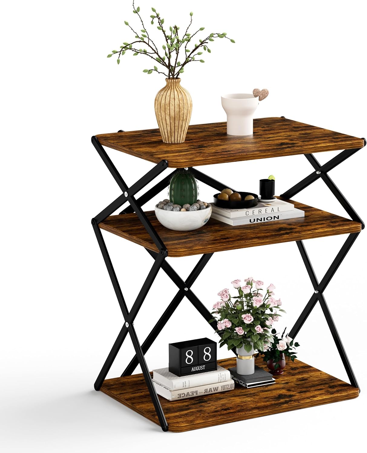 3-Tier End Table Small Side Table Tall Bedside Night Stand with Storage Sofa Side desks for Living Room Bedroom Office Bathroom Small Space Rustic Brown ET-04RB