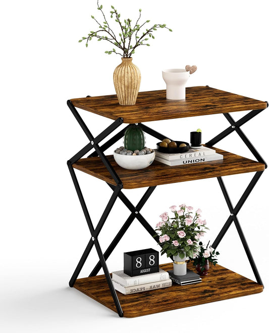 3-Tier End Table Small Side Table Tall Bedside Night Stand with Storage Sofa Side desks for Living Room Bedroom Office Bathroom Small Space Rustic Brown ET-04RB