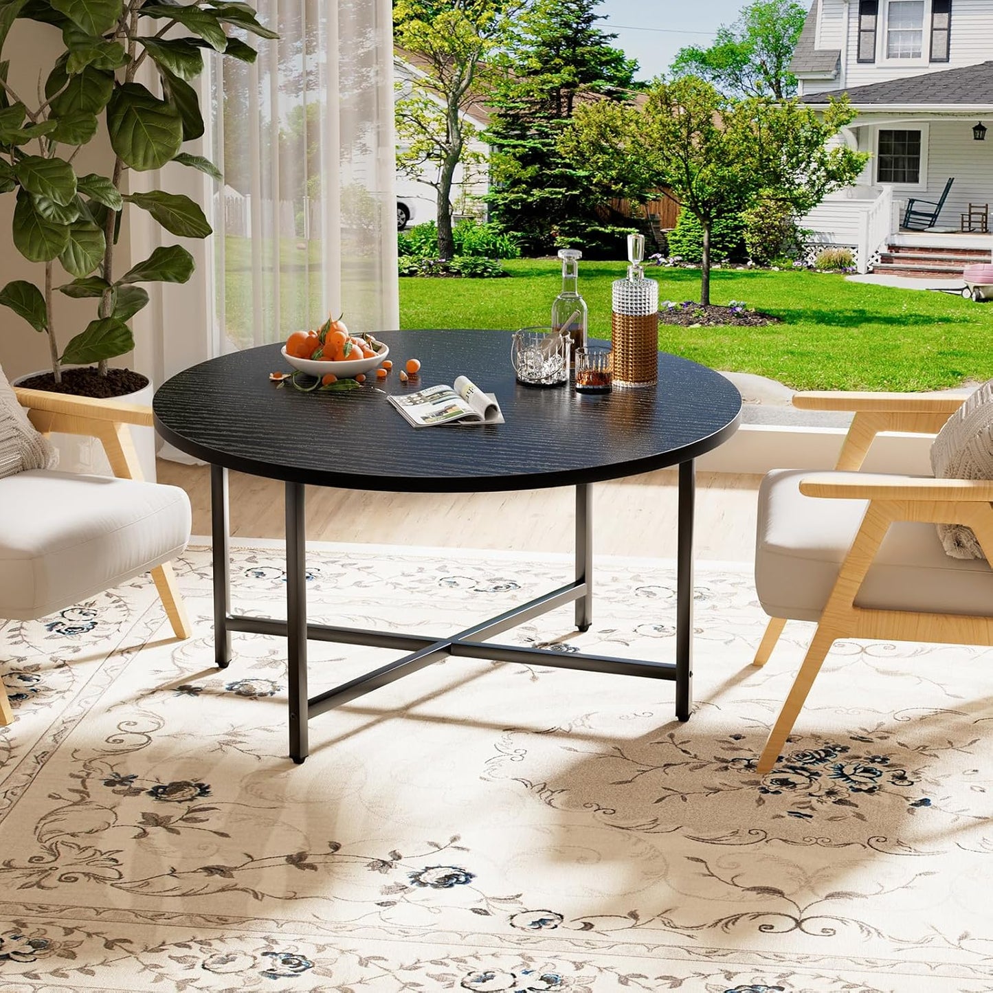 Round Coffee Table, Modern Design Living Room Tables for Indoor & Outdoor, Black Coffee Table for Family & Office Use, Outdoor Coffee Table Round, Large Black (31.5" D x 17.7" H)