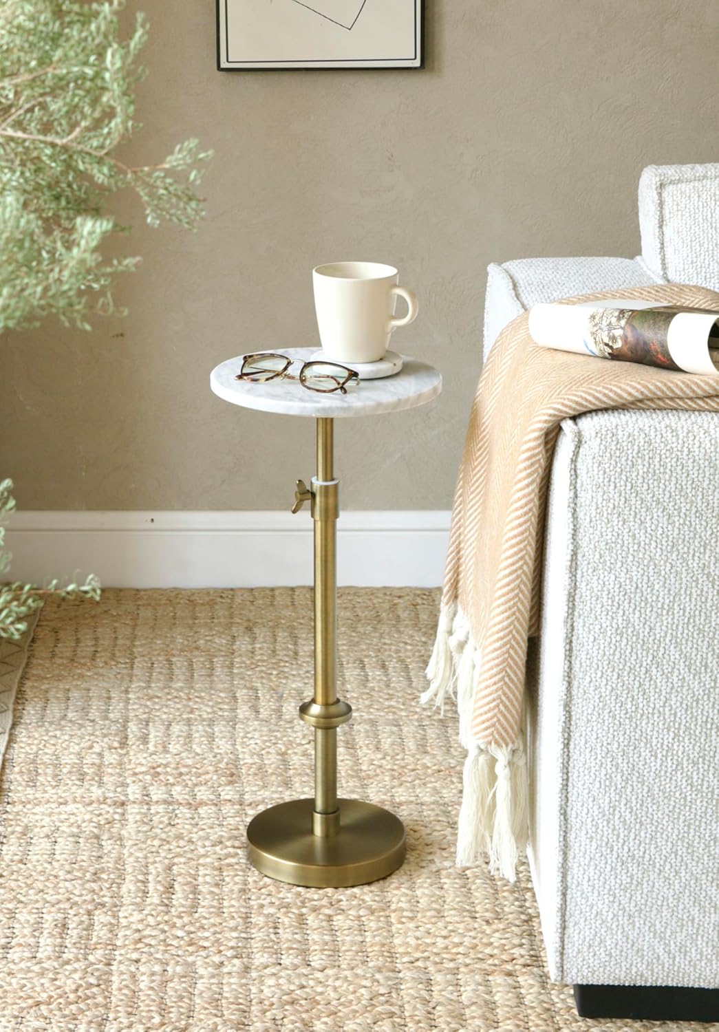 Adjustable-Height Marble Drink Table - 10x10x22-30, White Marble & Antique Brass, Modern Round End Table, Side Table with Pedestal Stand for Small Spaces, Vintage Metal Martini Cocktail Accent