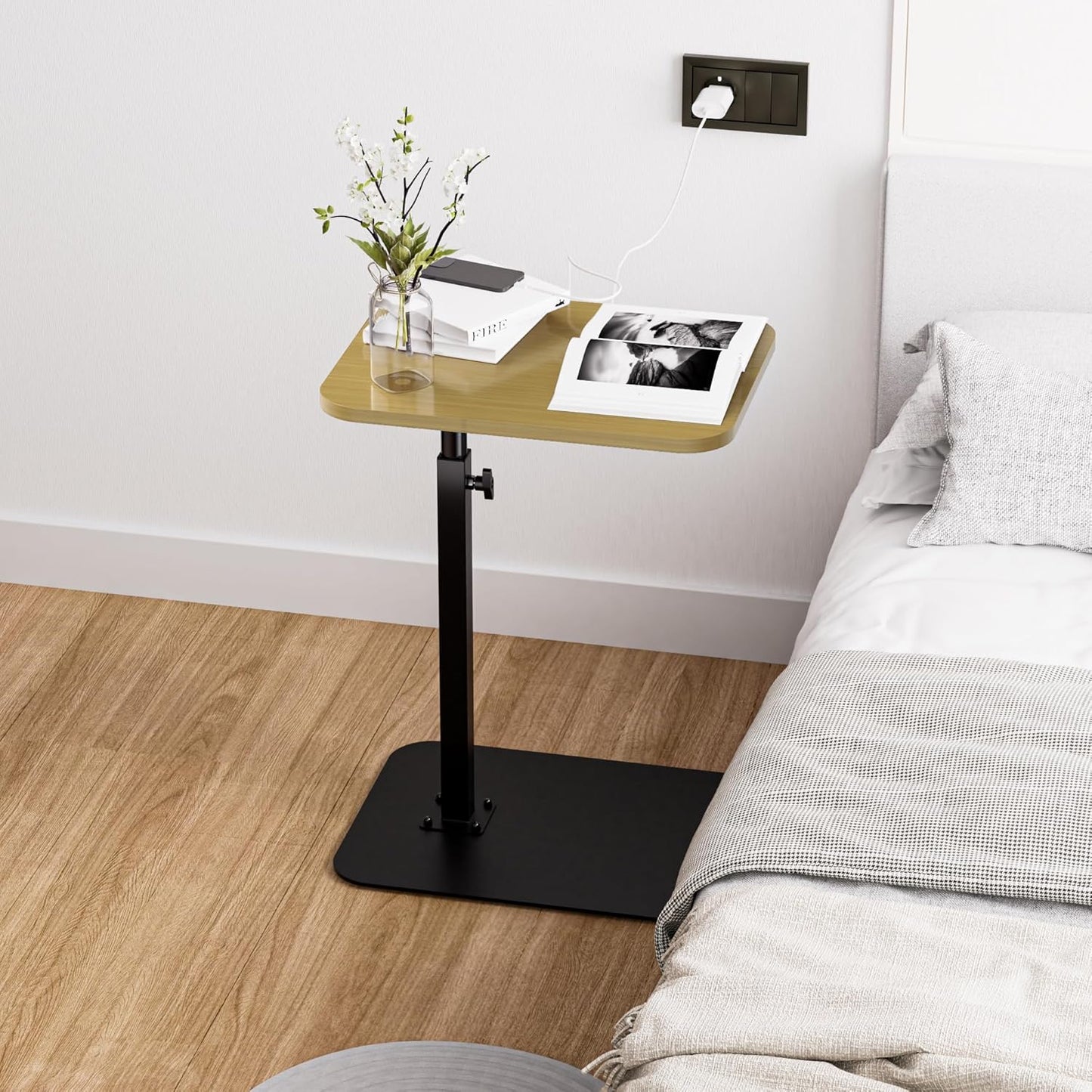 Side Table Sofa Tray for Couch Heavy Metal Base Swivel/Adjustable Height, Sofa Bed Bathroom Study TV Tray C Shaped End Table Food Snack Trays for Eating