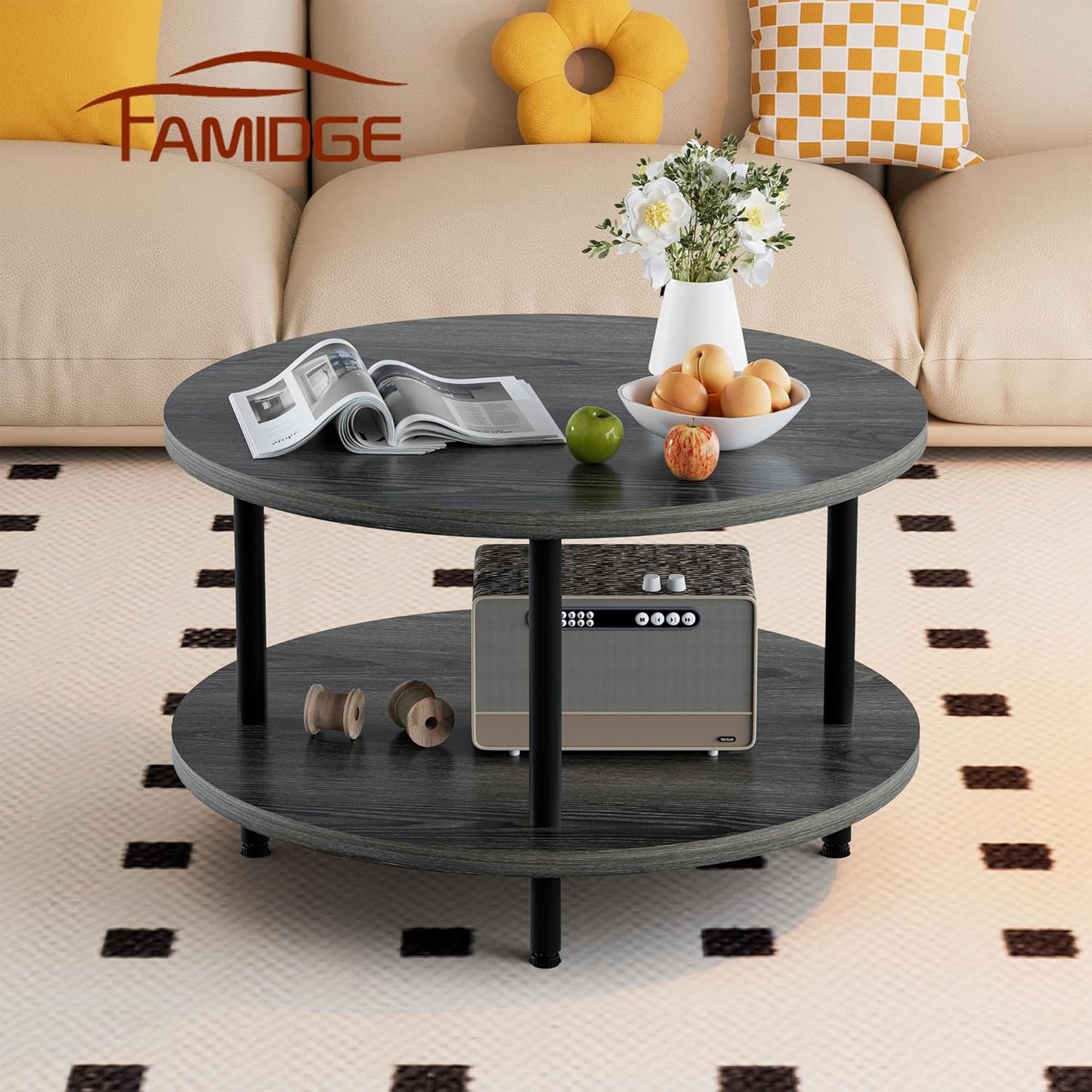 Coffee Table, 2 Tier Coffee Tables for Living Room, Round Coffee Table with Storage, Floor Table for Bedroom, Home Office, Grey (23.6" D x 18.1" H)
