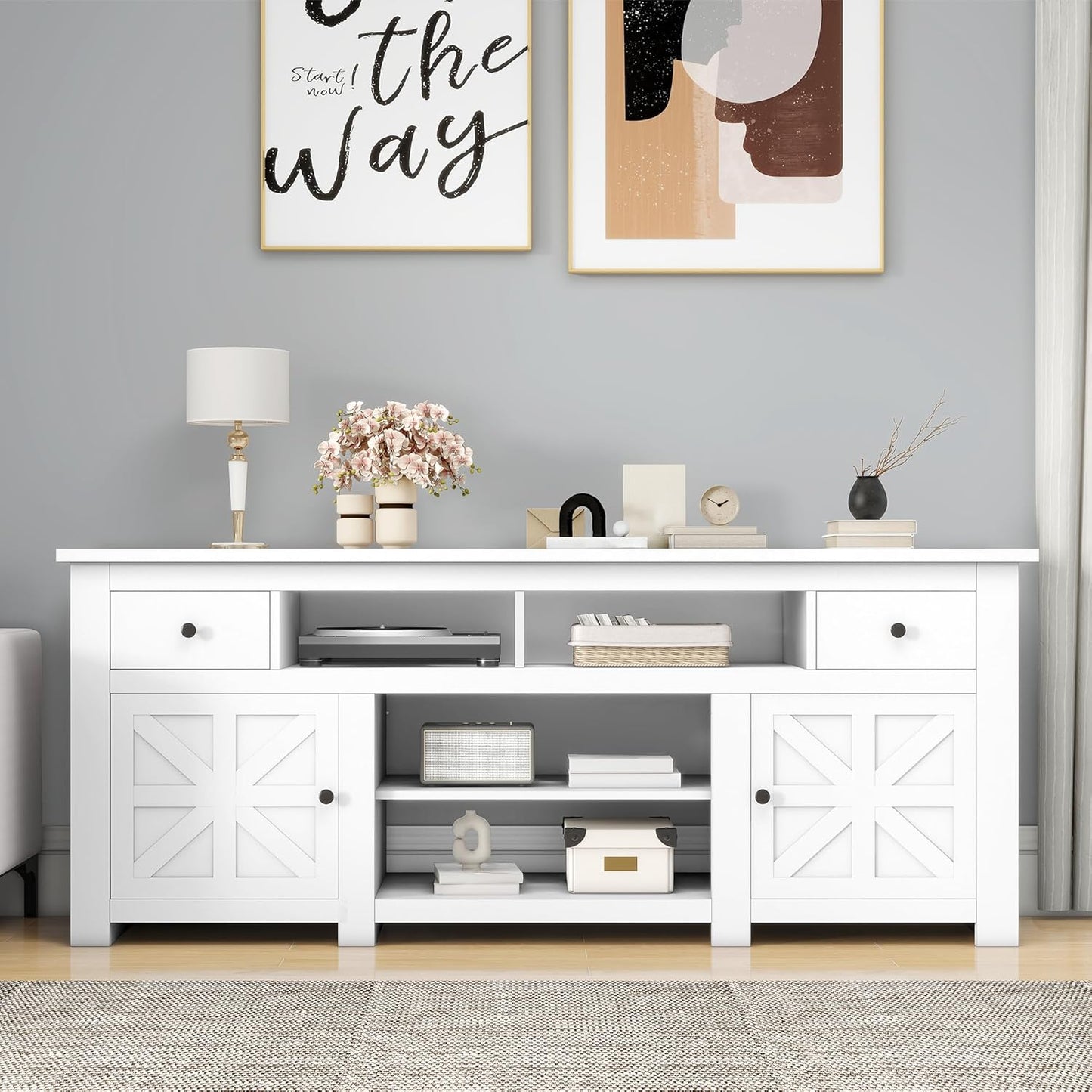 DWVO Farmhouse TV Stand for 75/80 Inches TVs, Entertainment Centers Furniture 30" Tall, TV Consoles with Storage Drawers & Power Outlet, Rustic TV Stands for Living Room, White