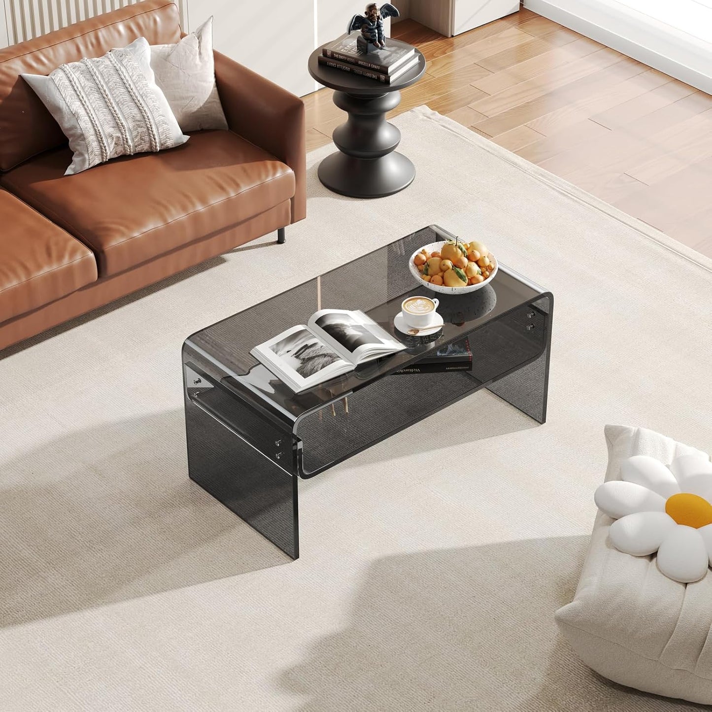 Acrylic Coffee Table, Black Rectangle Modern Side Table Furniture, Tea Table with Open Storage, Suitable for Living Room, Office Reception and Bedroom