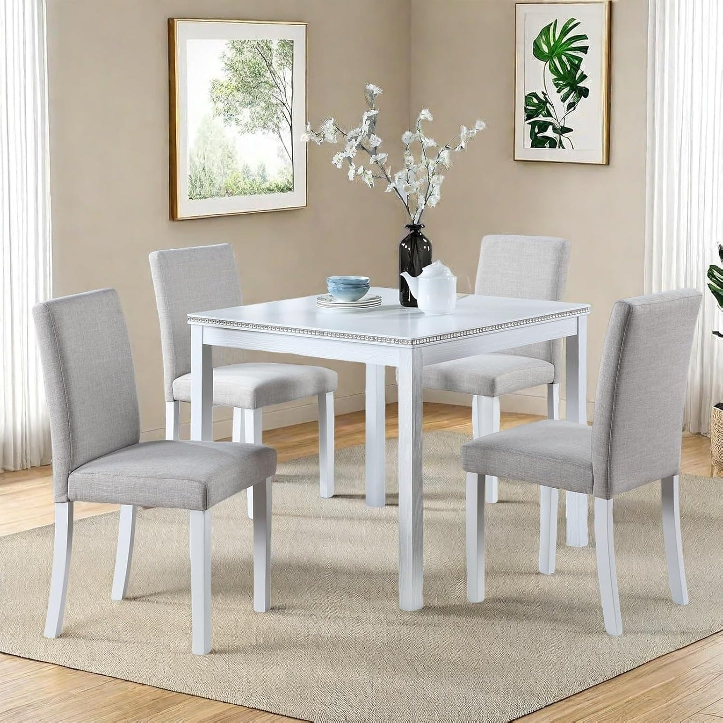 Dining Table Set for 4, 5-Piece Kitchen Table & Chairs Set with Versatile Square Table & 4 Upholstered Chairs, 34.5'' Dinner Set with Crystal Decorations & Wood Grain Design, Light White