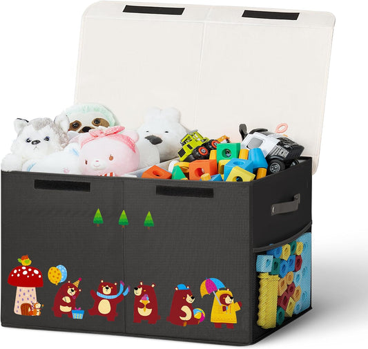 80L Large Toy Storage Box with Lid, Large Toy Box Chest for Kids, Girls and Boys, Nursery Room and Living Room, 26"x13" x16" (black-bear)