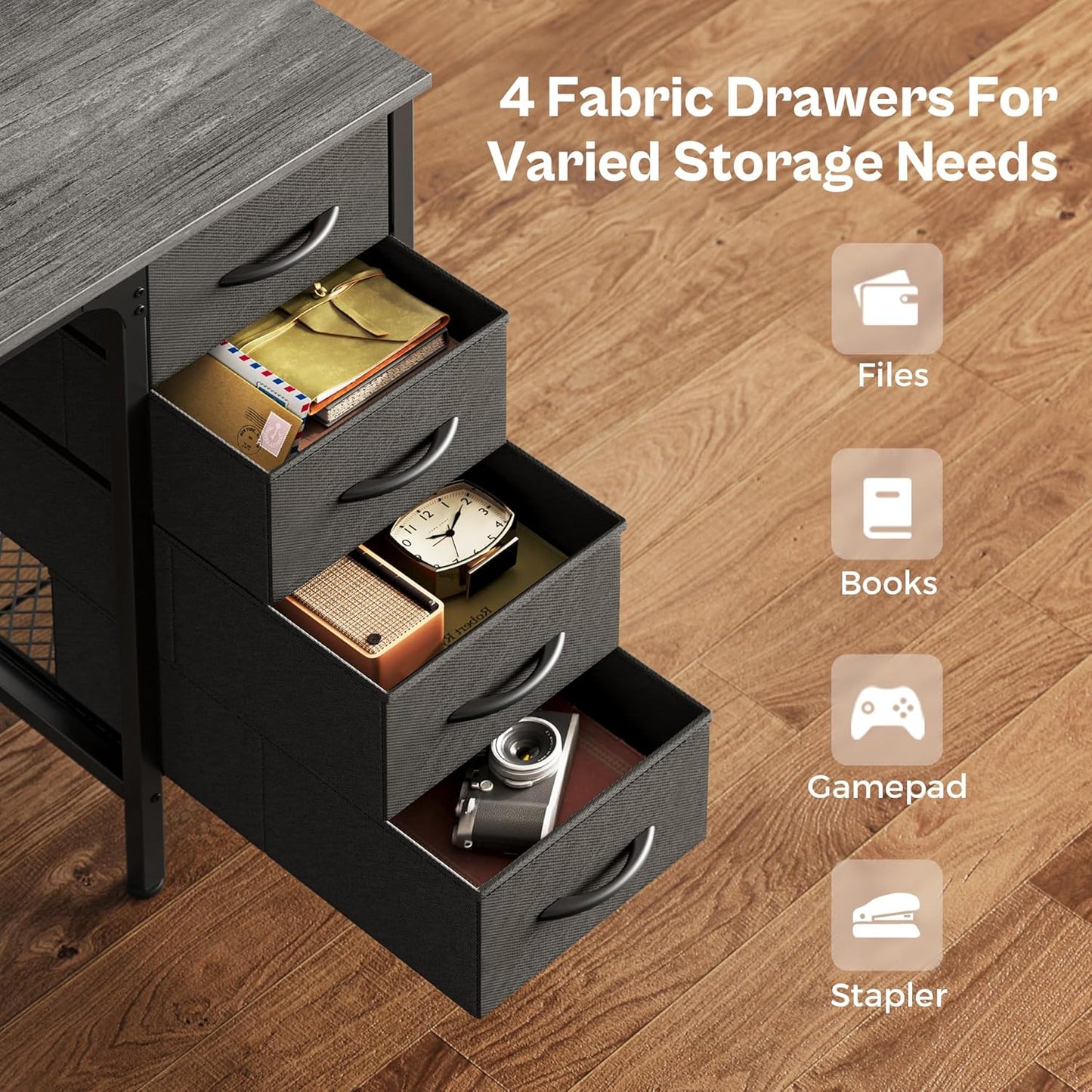 Huuger 47 Inch Computer Desk with 4 Drawers, Office Desk with Mesh Shelf, Gaming Desk, Large Storage, Writing Work Desk for Home Office, Study, Bedroom, Work from Home, Grey