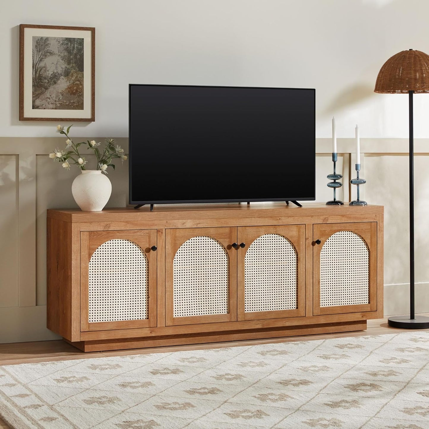 Walker Edison Sasha 4-Door Sideboard Buffet with Arched Rattan Panels, 70 Inch, English Oak