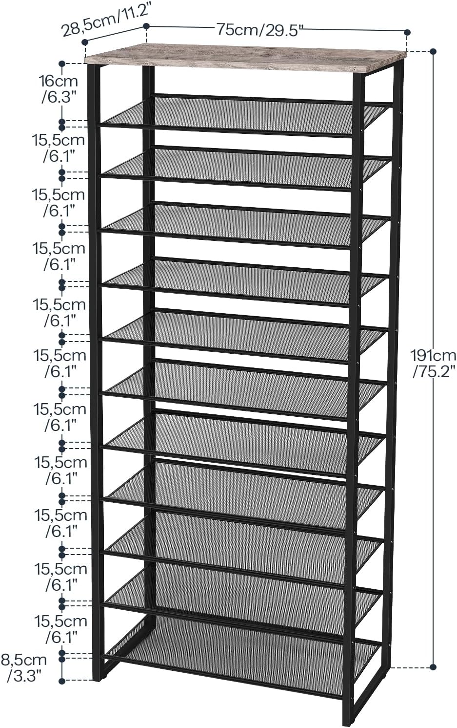 HOOBRO Shoe Rack, 12-Tier Shoe Storage Organizer, Large Capacity Shoe Shelf for Front Door Entrance, Entryway, Closet, Holds 36-48 Pairs of Shoes, Closet, Greige and Black BG127XJ01