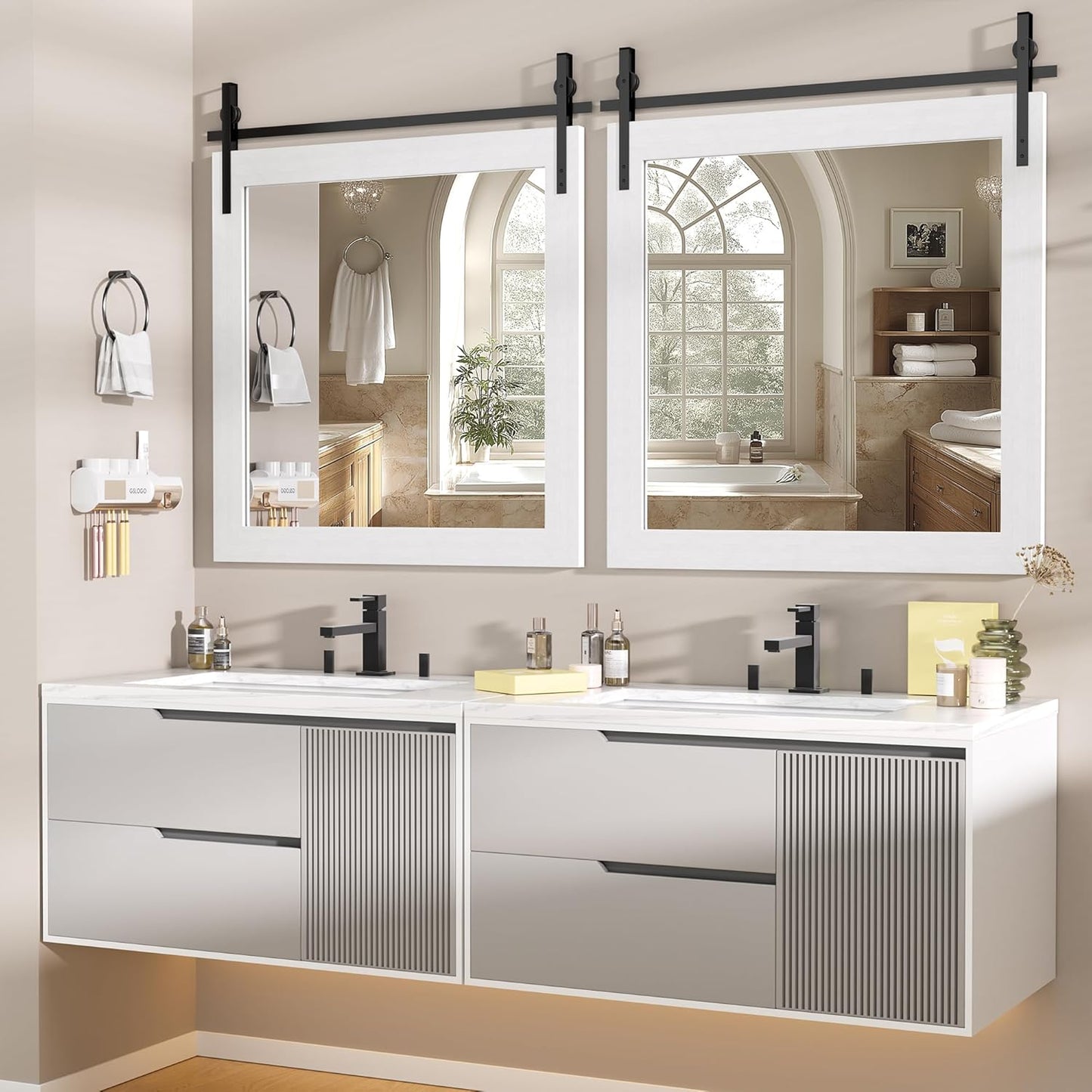 Hasipu Farmhouse Bathroom Mirror, 31"x31" Rustic Wood Framed Wall Mounted Mirror, White Vintage Vanity Mirror Barn Door Style Decrative Mirrors