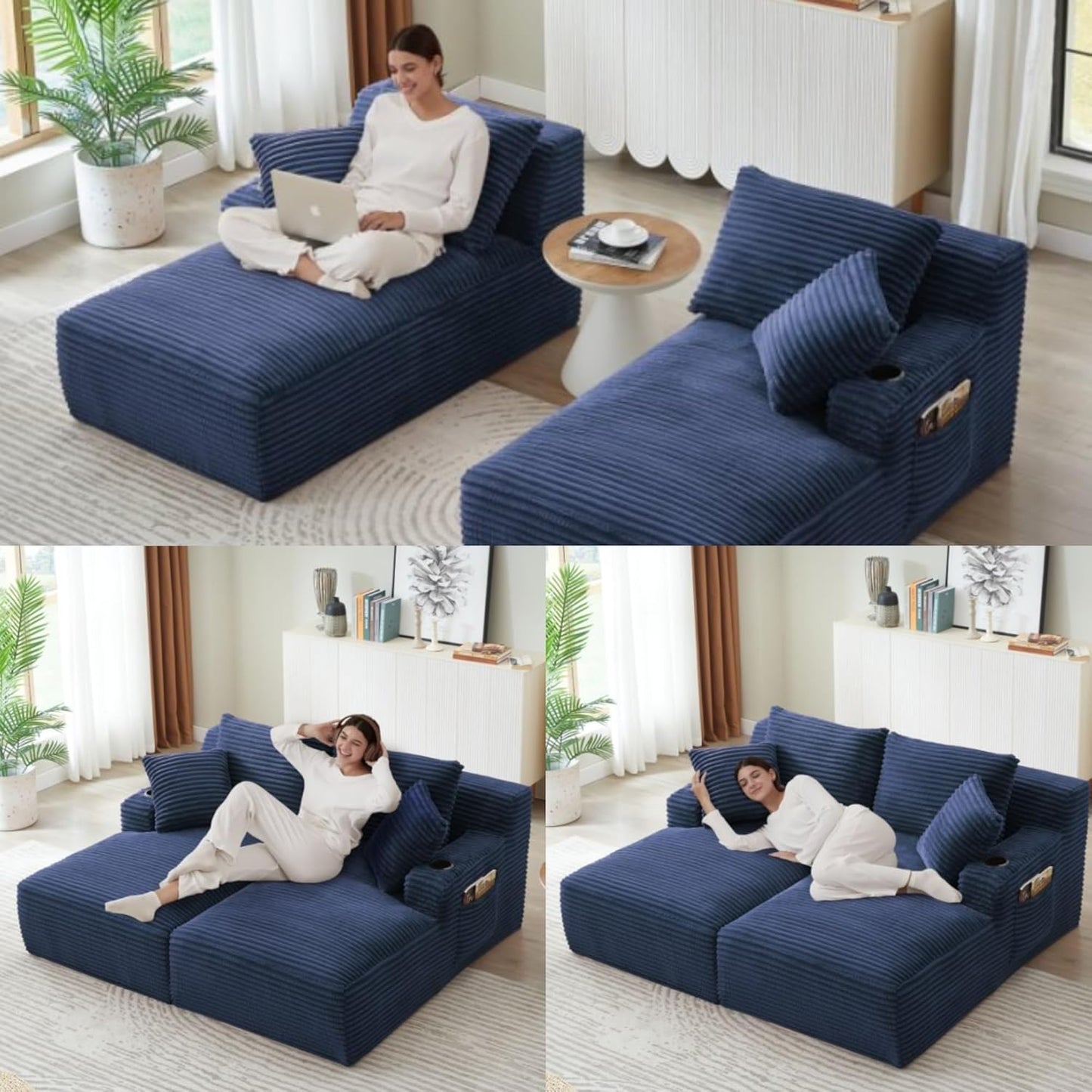 Oversized Sectional Double Chaise Lounge, Compressed Boneless Lounge Chaise with Cupholders, Boneless Sofa with Deep Seat, Fluffy Modern Sleeper Loveseat for Indoor Living Room, Blue