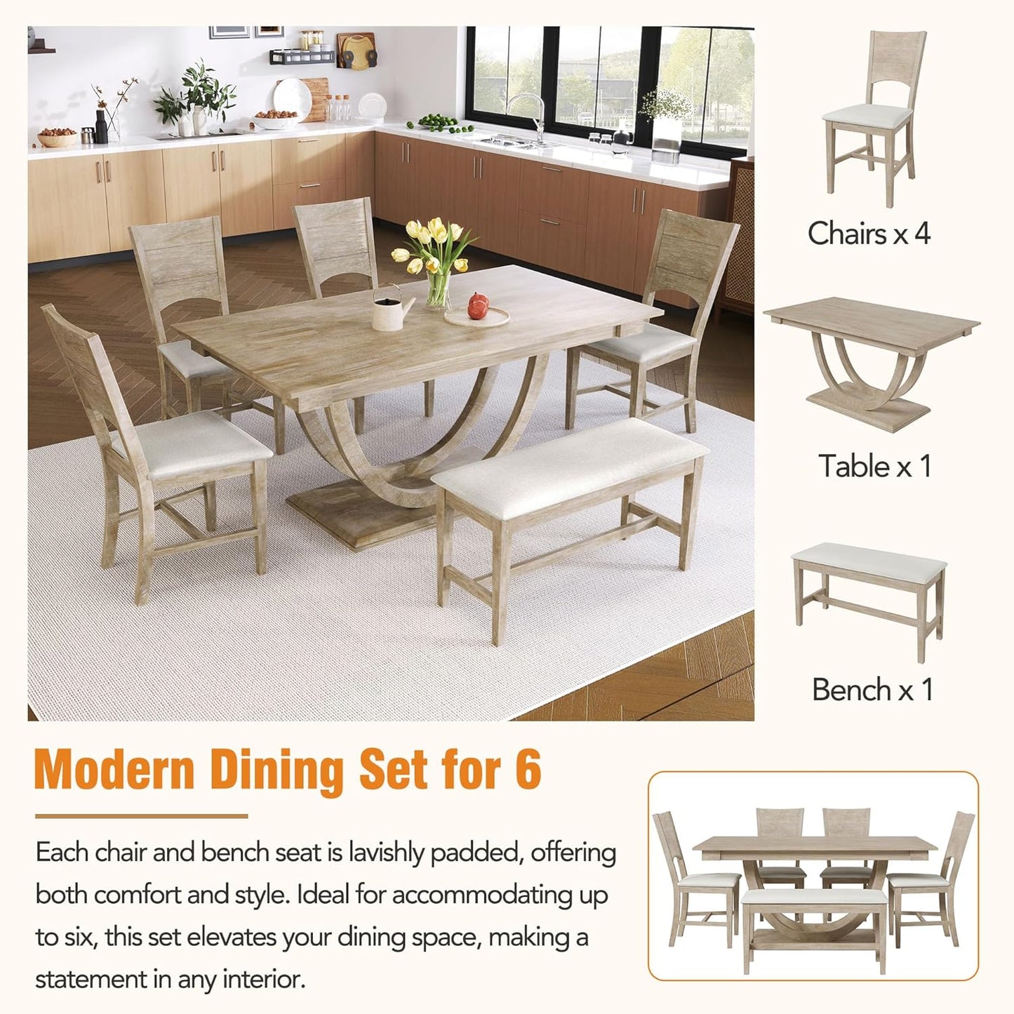 Ball & Cast 6 Piece Dining Table Set with 4 Upholstered Chairs & 1 Bench,Wooden Living Room Furniture for 6 W/ 59.1" Rectangle Kitchen Desk,for Restaurant,Home Bistro,Natural Wood
