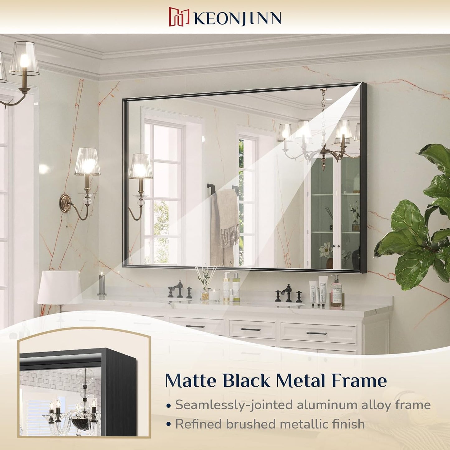 Keonjinn Black Mirror for Bathroom 60 x 40 Inch Rectangular Wall Mirror Large Matte Black Vanity Mirror Metal Frame Rectangle Farmhouse Mirror, Modern Square Corner Framed Mirror(Horizontal/Vertical)