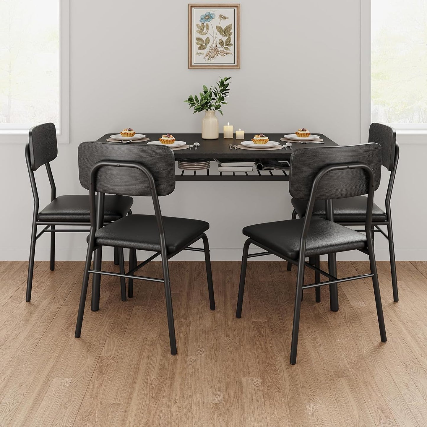 GarveeHome Dining Table Set for 4 with Storage Rack, 5-Piece Kitchen Table and Upholstered Chairs of 4, Wood Tabletop & Heavy-Duty Metel Frame, Dining Room Set for Small Space, Apartment, Black