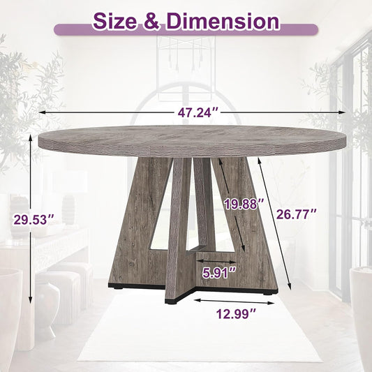 Round Dining Table for 4, 47" Wooden Kitchen Dinner Table Rustic, Farmhouse Table for Dining Room, Living Room, Gery