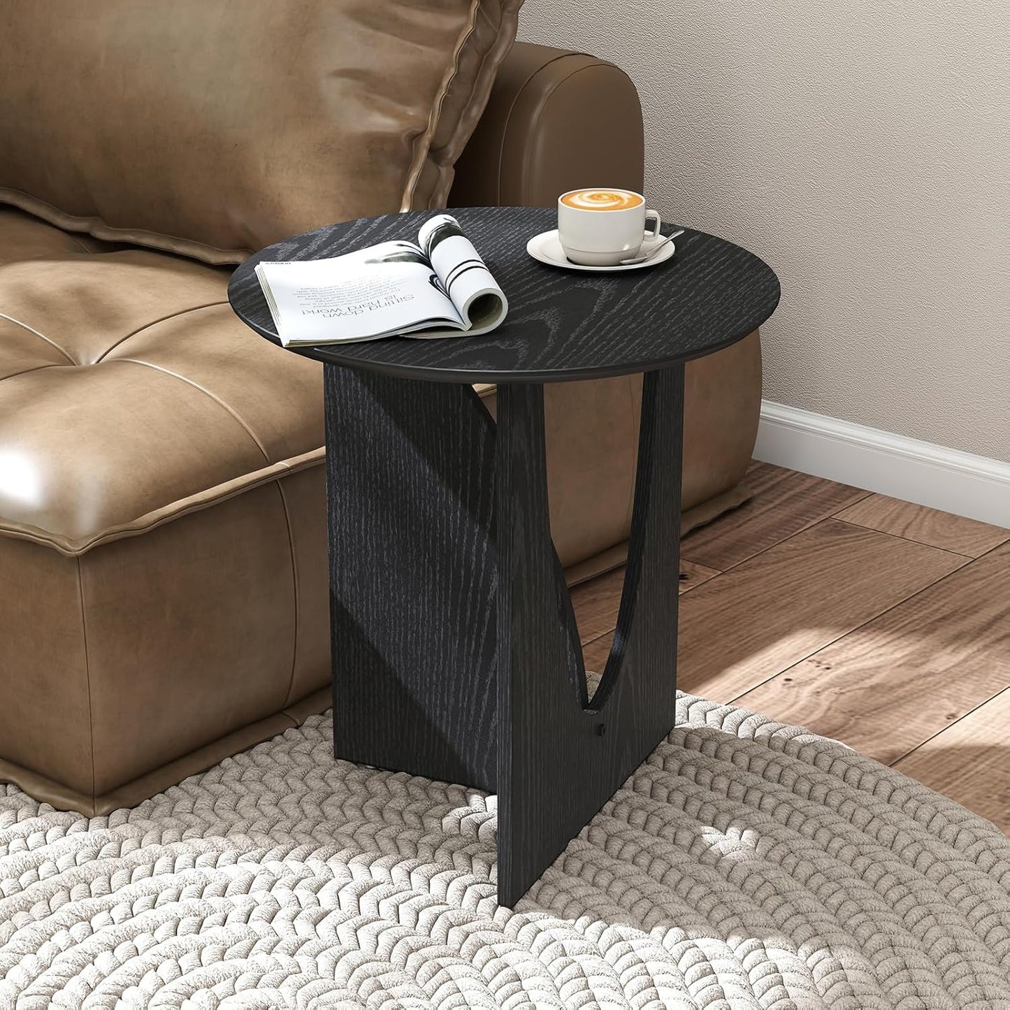 Round Black Side Table, Unique End Table and Small Coffee Table for Living Room, Balcony Room
