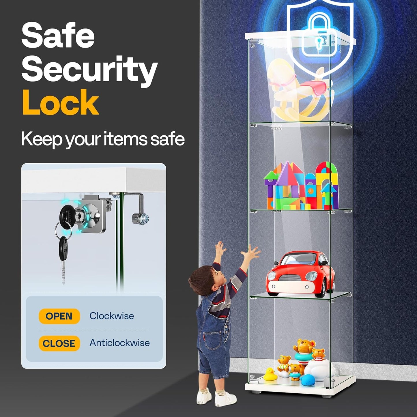 VIVOHOME 4 Layers 15.7''W x 15.7''D x 62.6''H Glass Display Cabinet Countertop Showcase with Lock, 5mm Tempered Glass 25mm MDF Base