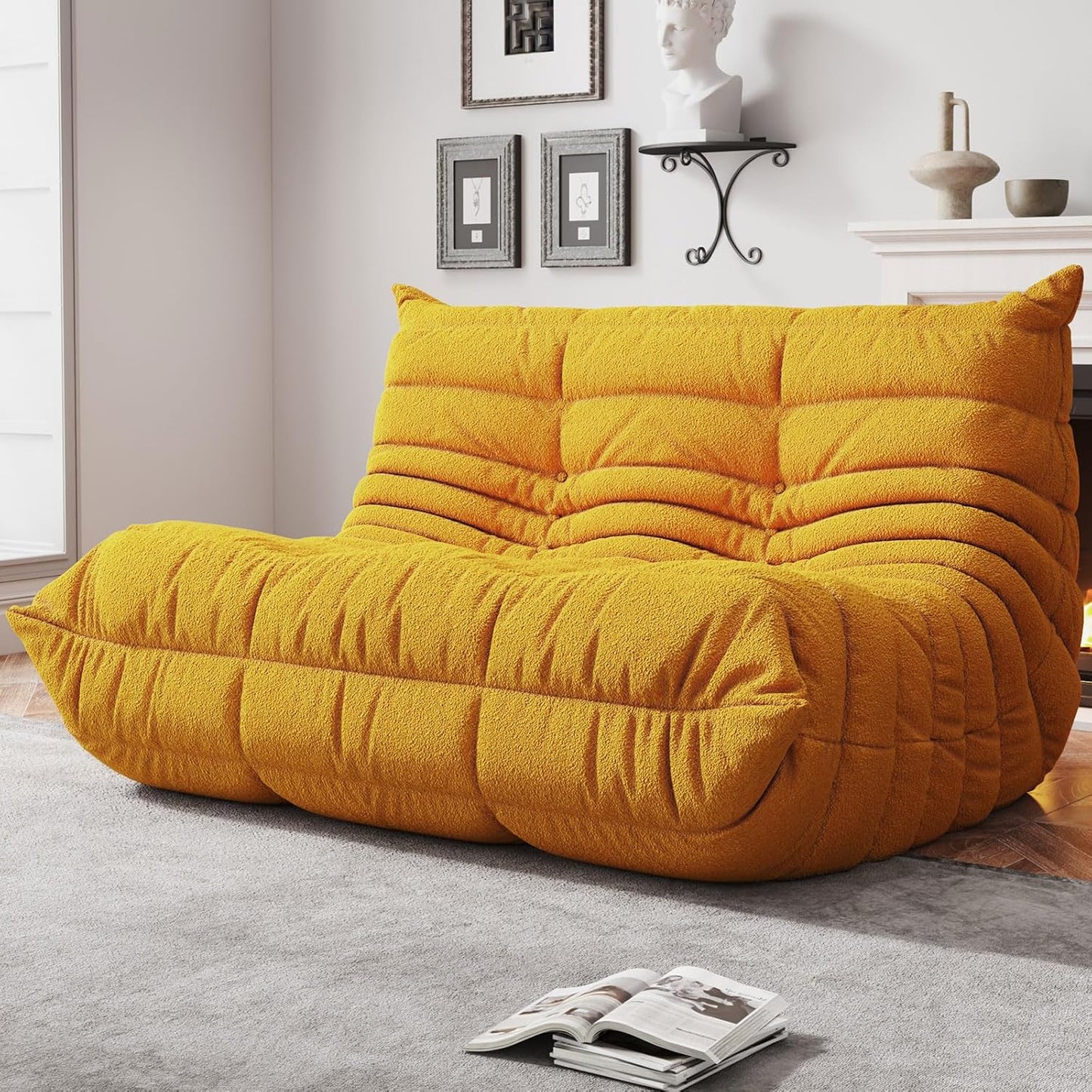 Bean Bag Chairs for Adults, BeanBag Reading Chair Memory Foam Couch, Floor Chair Soft Teddy Material, Comfy Reading Nook Chairs for Bedroom Living Room Office(Yellow)