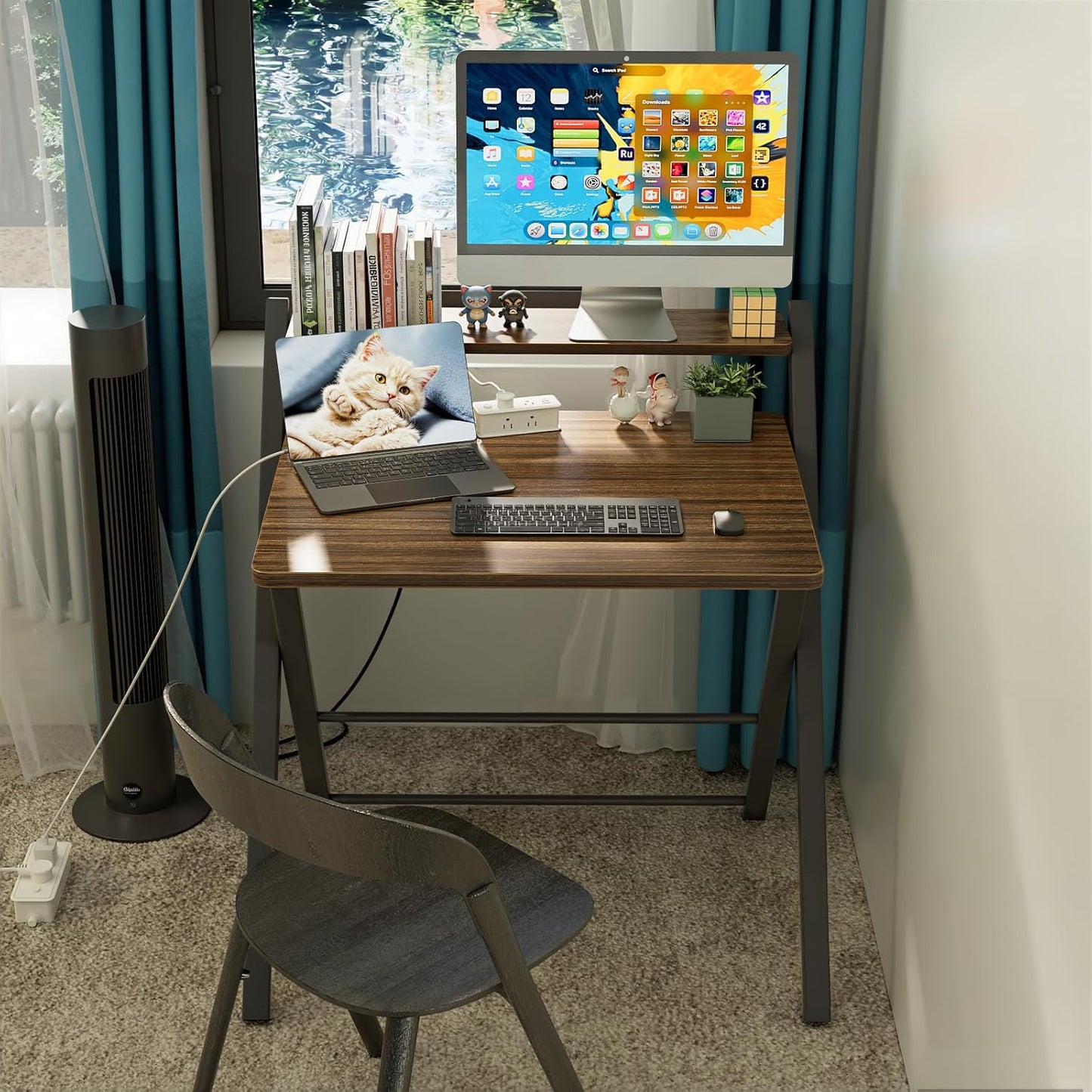 GreenForest No Assembly Folding Desk, 2-Tier Compact Computer Desk with Shelf, Space Saving Foldable Table for Home Office, Dorm or Apartment, Portable Collapsible Sturdy Laptop Desk, Espresso