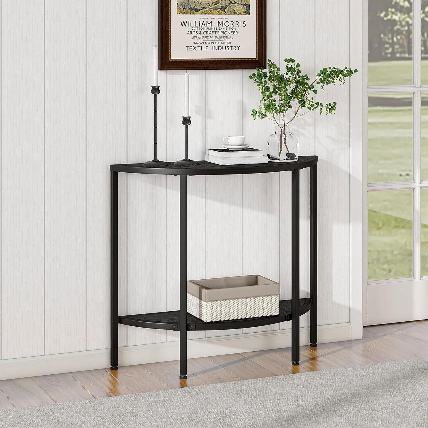 Console Table 2 Tier Narrow Entryway Table with Storage,Half Moon Sofa Couch Table with Metal Frame,Wooden Accent Side Coffee Table for Living Room/Hallway or Small Spaces,Black