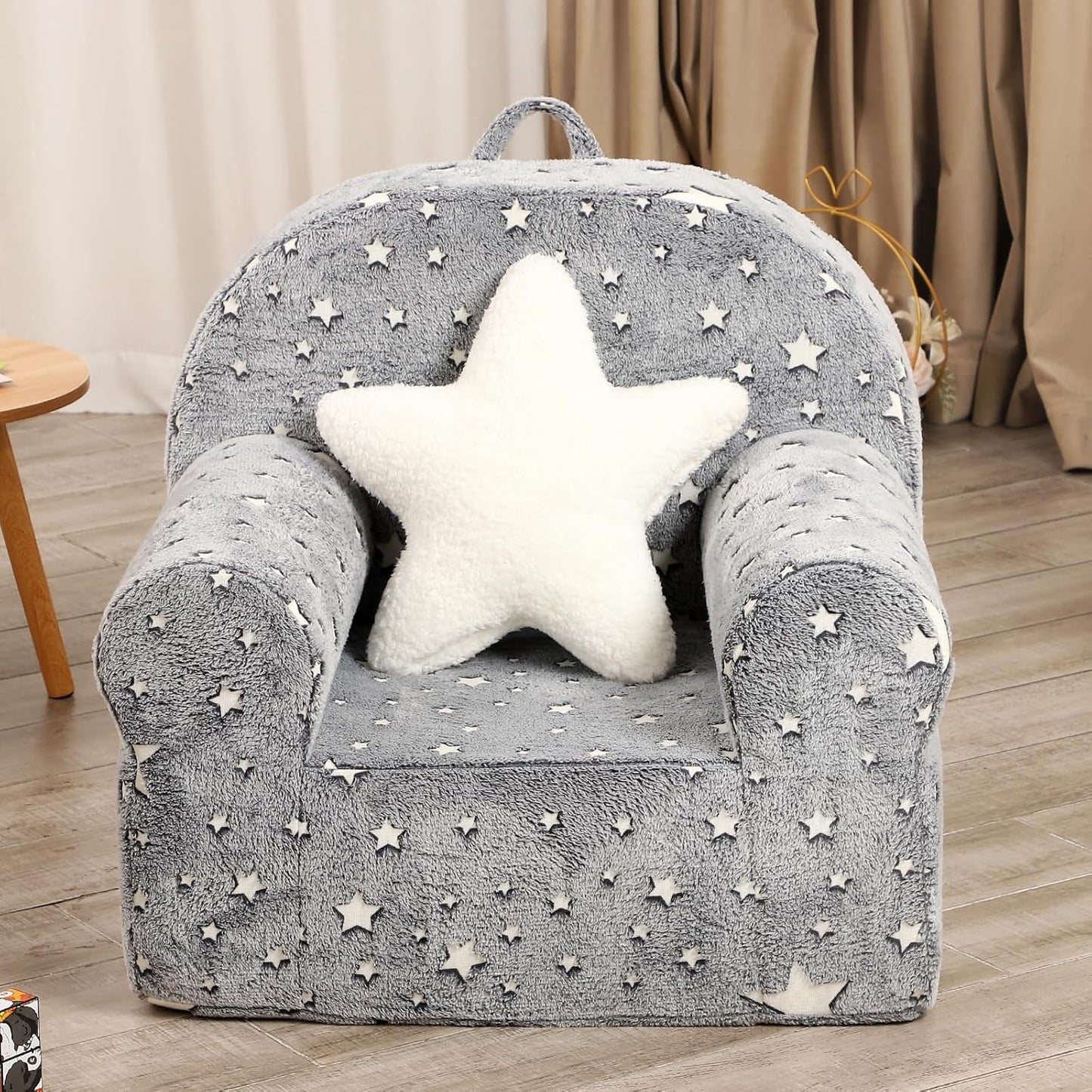 Little Star Kids Sofa with Star Throw Pillow, High Back Toddler Chair Glow in The Dark for Boys and Girls, Grey