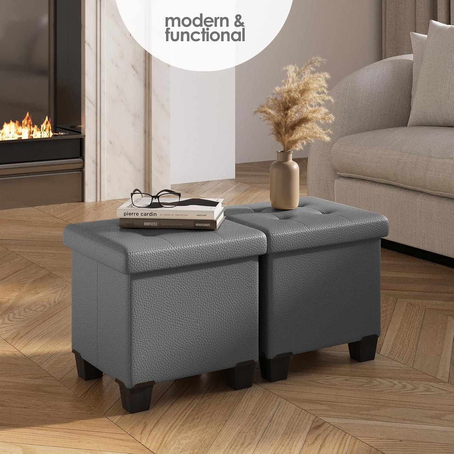 STORAGEBUD Storage Ottoman Cube with Small Bin, 16-in Square Ottoman with Storage for Living Room and Bedroom, Small Ottomans Foot Rest, Faux Leather Foot Stools Ottomans Max 330lbs, Grey