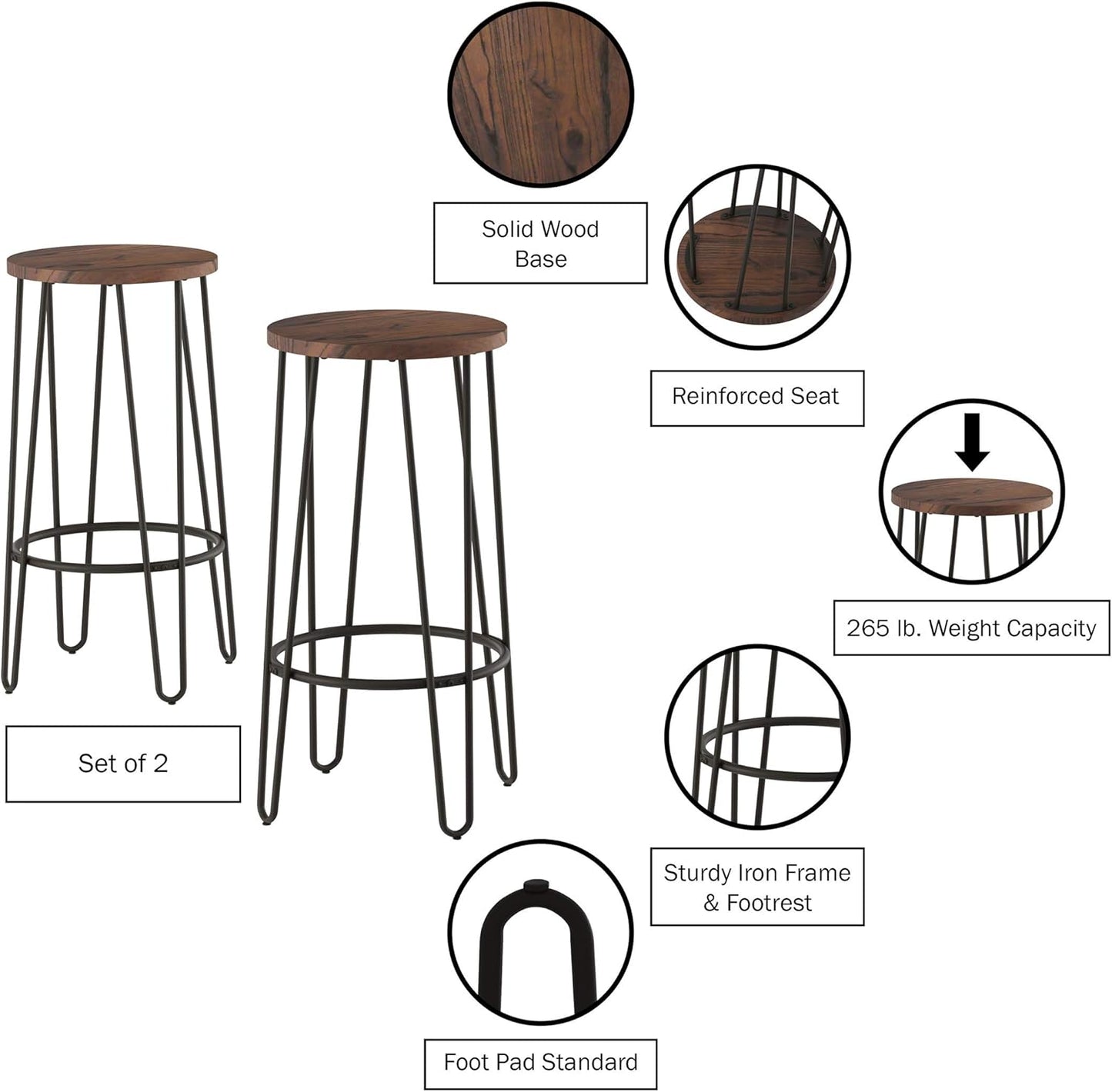 Lavish Home Set of 2 Counter-Height Bar Stools - 29.5" Round Wood Barstools with Hairpin Legs for Kitchen or Dining Room - Modern Farmhouse Furniture