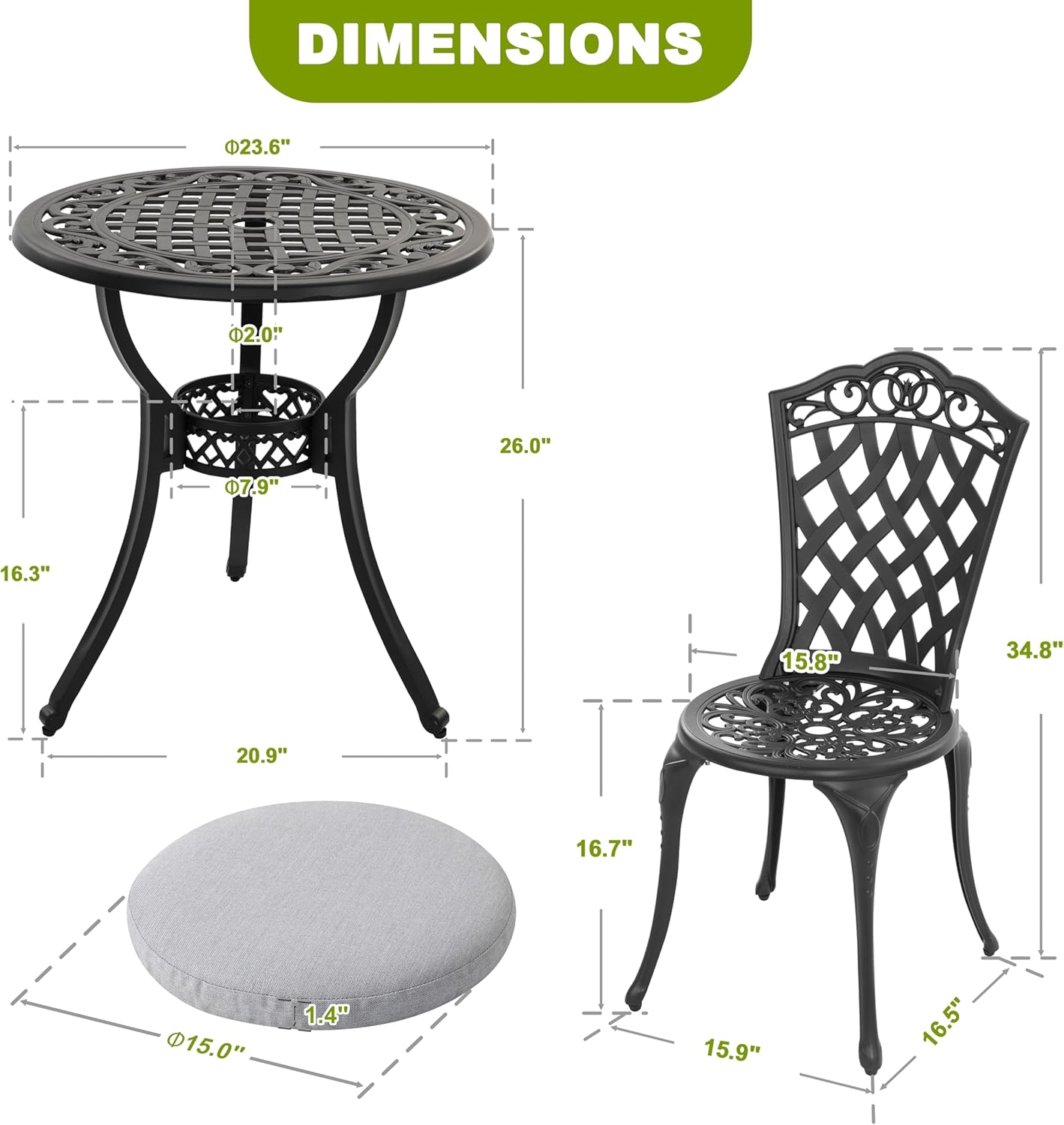 NUU GARDEN 3-Piece Patio Bistro Set Outdoor Cast Aluminum Bistro Table and Chairs Set of 2, Outdoor Patio Bistro Set with Umbrella Hole and Gray Cushions for Patio Balcony, Black