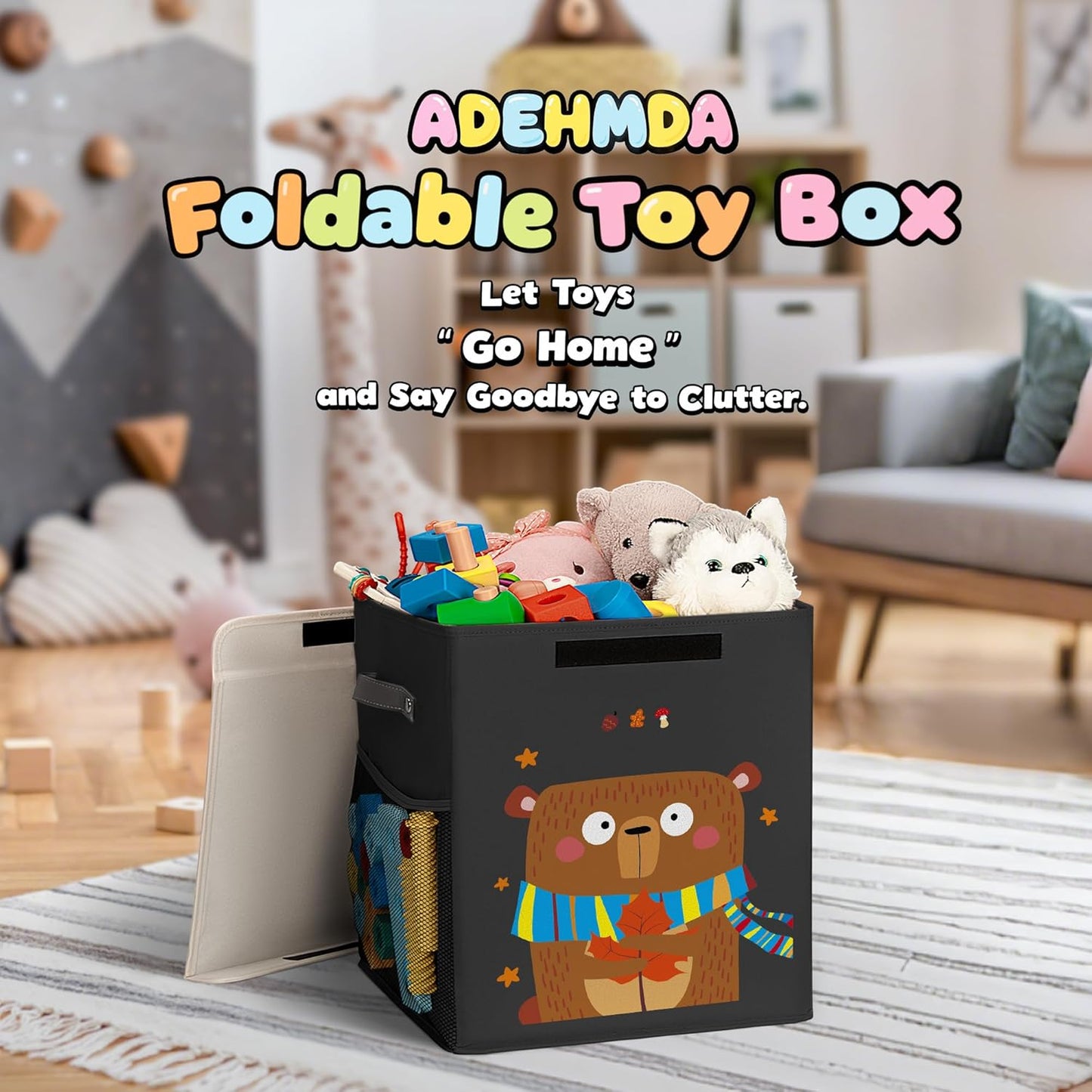 40L Large Toy Storage Box with Lid, Large Toy Box Chest for Kids, Girls and Boys, Nursery Room and Living Room, 13"x13" x16" (black-bear)