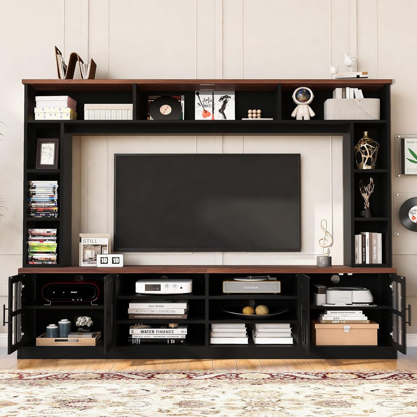 95.5" Wall Unit TV Stand Set with Bookshelves, Entertainment Center for Televisions Up to 80", Large Media Console with Cabinets and Tempered Glass Doors for Living Room
