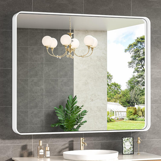 TokeShimi 42 x 36 Inch Bathroom Mirror White Vanity Wall Mirror with Metal Frame Aluminum Alloy Rounded Corner for Modern Farmhouse Wall Decor 1”Deep Set Design (Horizontal/Vertical)