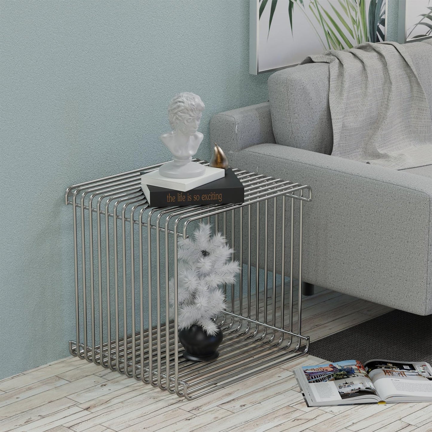 Square Geometry Retro Side Table Prime-Stainless Steel Linear Metal End Table, Iron Multi-Purpose Desktop Shelf (Silver)