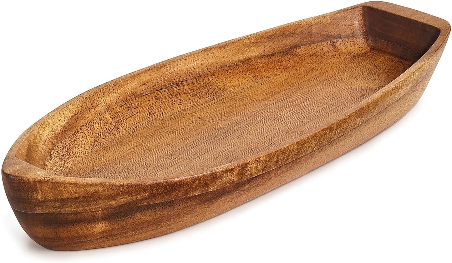 Lucky Boat Serving Tray, Acacia Solid Wood Boat Shape Plate for Serving Desserts, Fruit, Snack and Seafood or House Ornament,Key Tray,Functional and Storage Decorative Bowl。 (M)