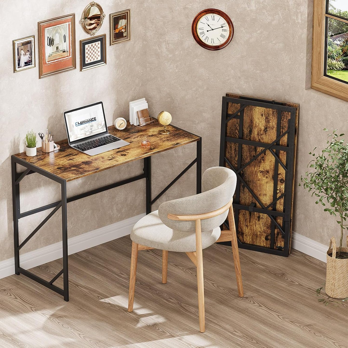 Elephance Folding Desk Writing Computer Desk for Home Office, No-Assembly Study Office Desk Foldable Table for Small Spaces