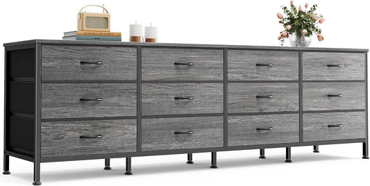 Huuger 70 Inch Dresser for Bedroom, TV Stand for 65, 75, 80 Inch TV, 12 Fabric Drawer Long Dresser, Large Storage Organizer Unit, Wide Chest of Drawer with Storage, for Living Room, Grey