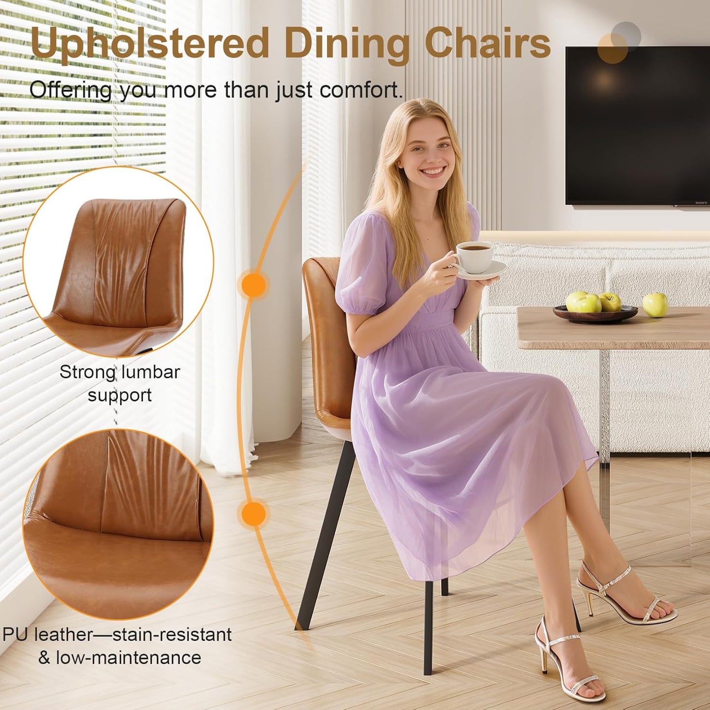 Upholstered Dining Chairs Set of 4, Modern Kitchen & Dining Room Chairs, Faux Leather, Sturdy Metal Legs, for Living Room, Cafe & Restaurant- Brown