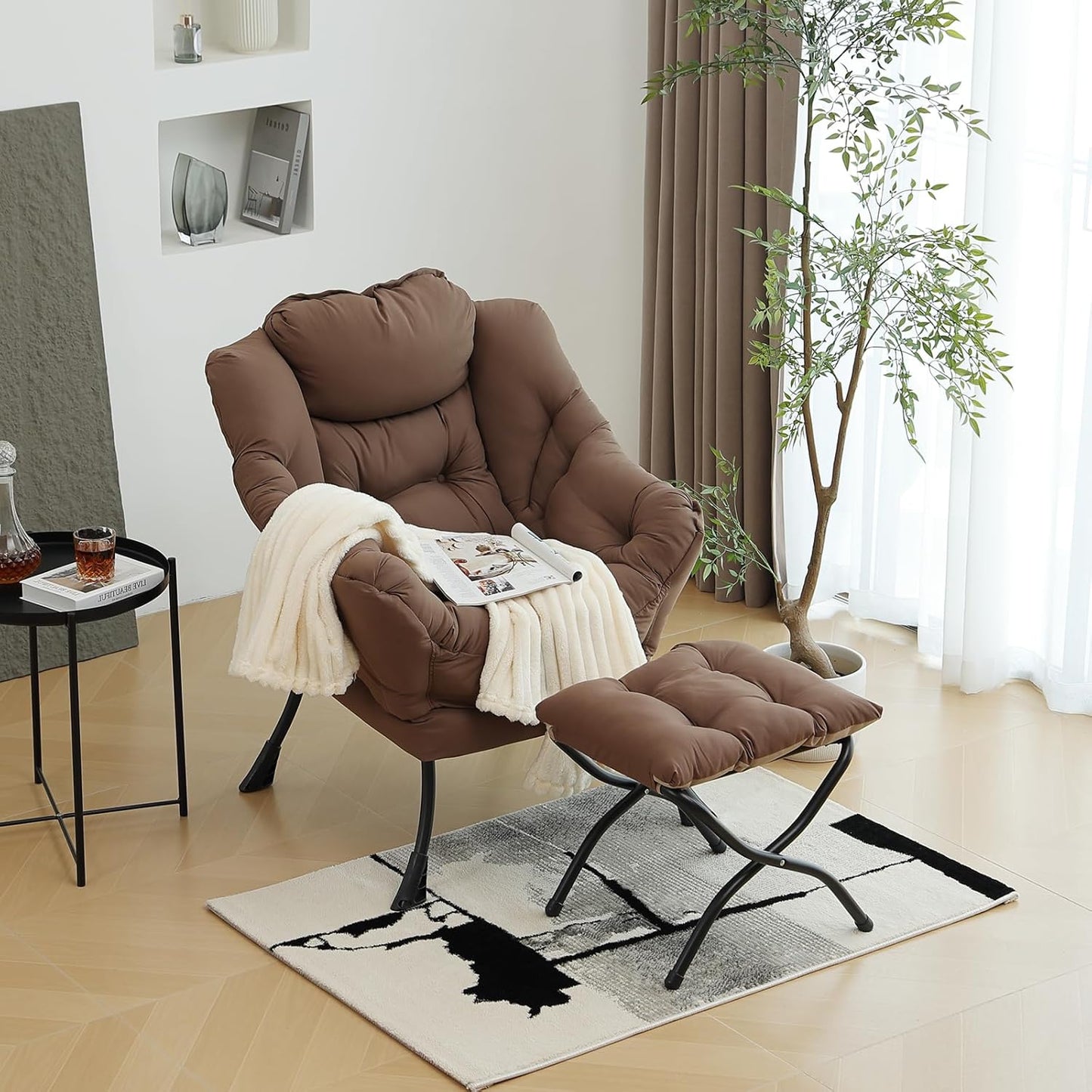 Lazy Chair with Ottoman, Modern Chair with Folding Footrest, Lounge Accent Chair, Comfortable Reading Chair (Dark Brown)