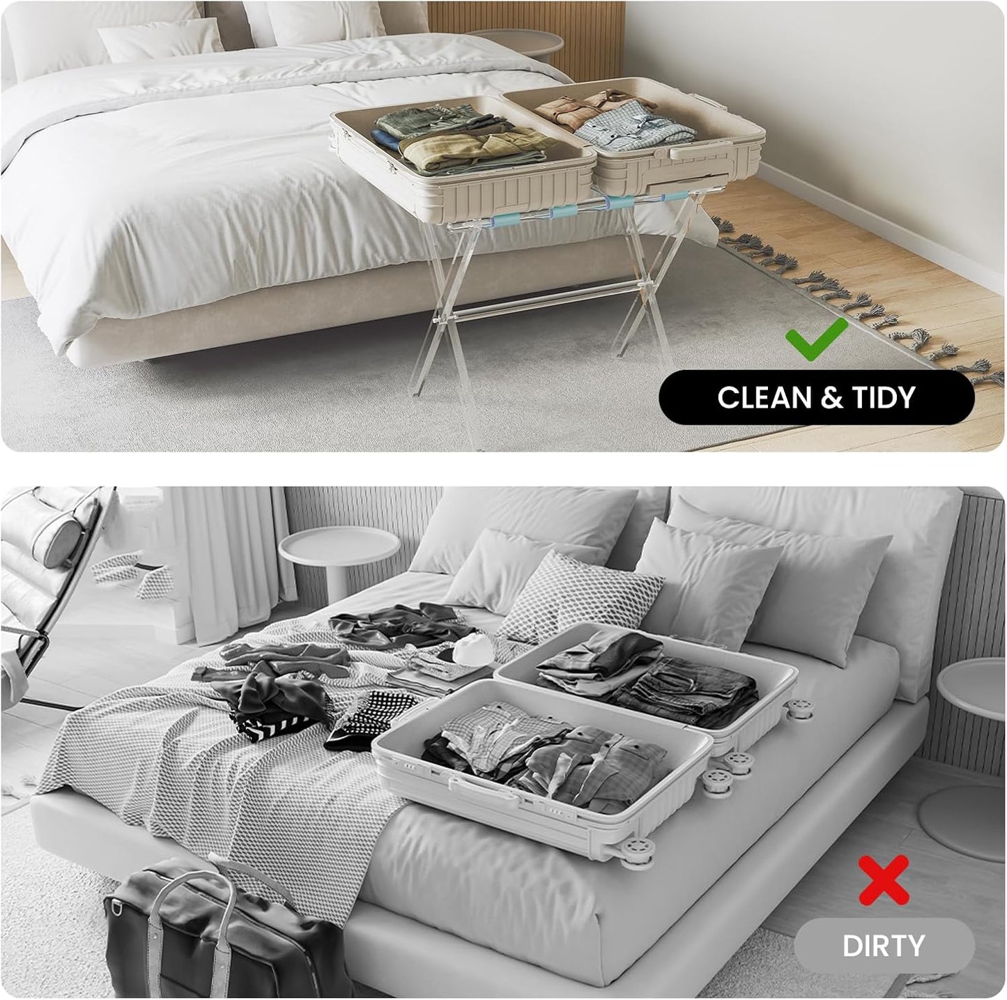 Sumerflos Acrylic Luggage Rack for Guest Room - Foldable Suitcase Stand with Leather Straps for Bedroom Living Room Hotel Heavy-Duty, Holds up to 50-100 lb lightweight Space Saving (Blue & Handle - 1 Pcs)