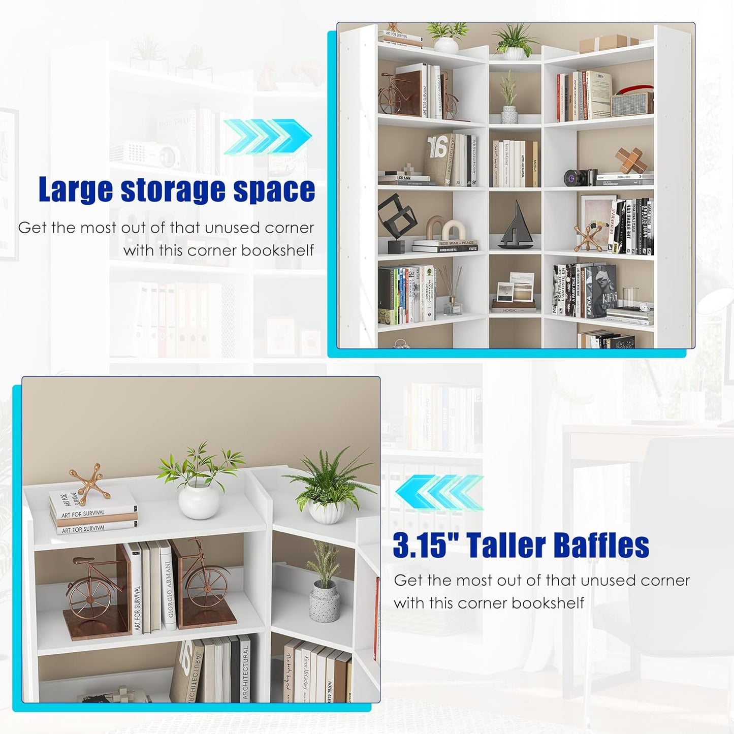 70.8" Tall Corner Bookshelf and Bookcases, 7 Tiers Morden Large Etagere Bookcases Storage Display Rack with Baffle, Industrial L Shaped Bookshelves for Bedroom, Home Office, Living Room, White