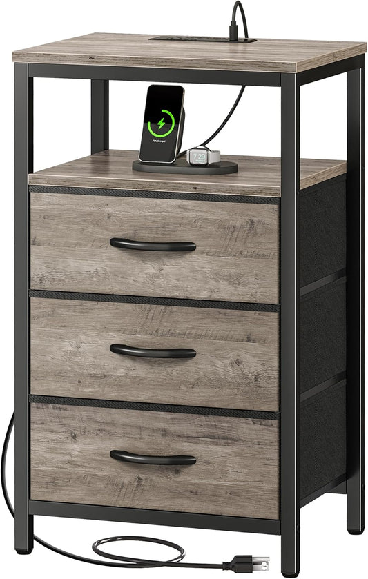 Huuger Nightstand with Charging Station, 27.6 Inch End Table Bedside Table with USB Ports and Outlets, Night Stand for Bedroom, Fabric Drawers, Oak