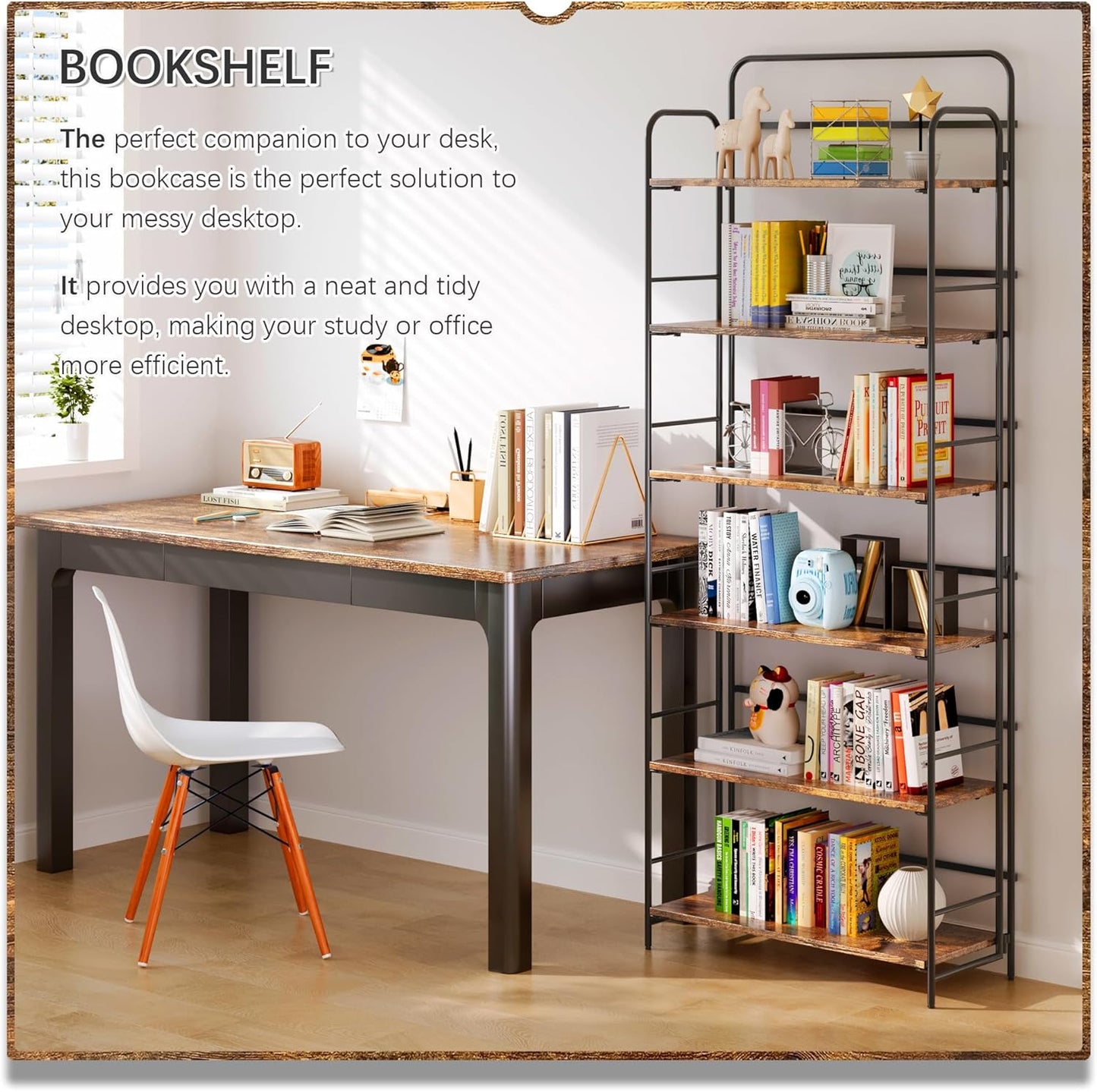 4NM No Assembly Folding Bookshelf 6 Tiers Vintage Industrial Black Book Shelf Metal Foldable Storage Bookcase and Bookshelves for Living Room,Bedroom and Kitchen - Rustic Brown