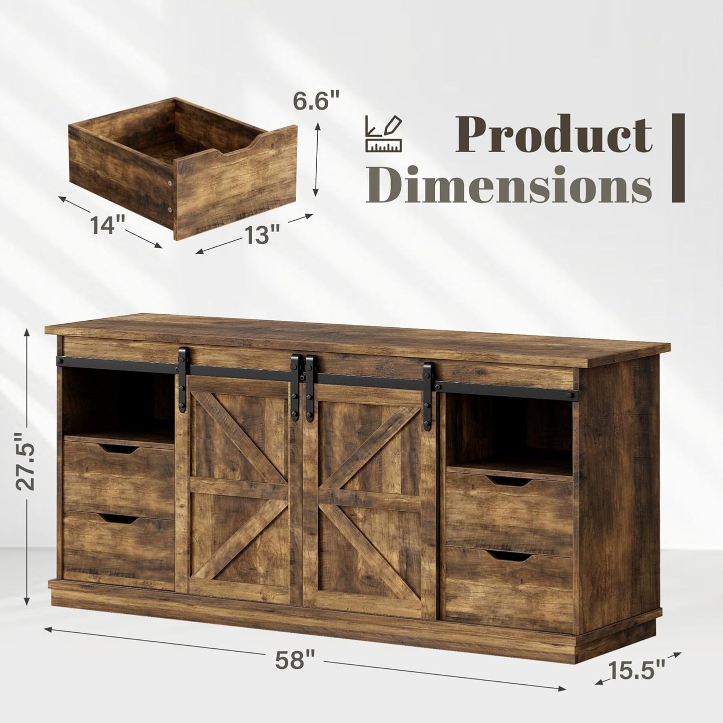 YESHOMY TV Stand for Televisions up to 65 Inchs, with Sliding Barn Doors and 4 Storage Drawers, Console Table and Media Furniture for Living Room, 58 Inch, Barnwood