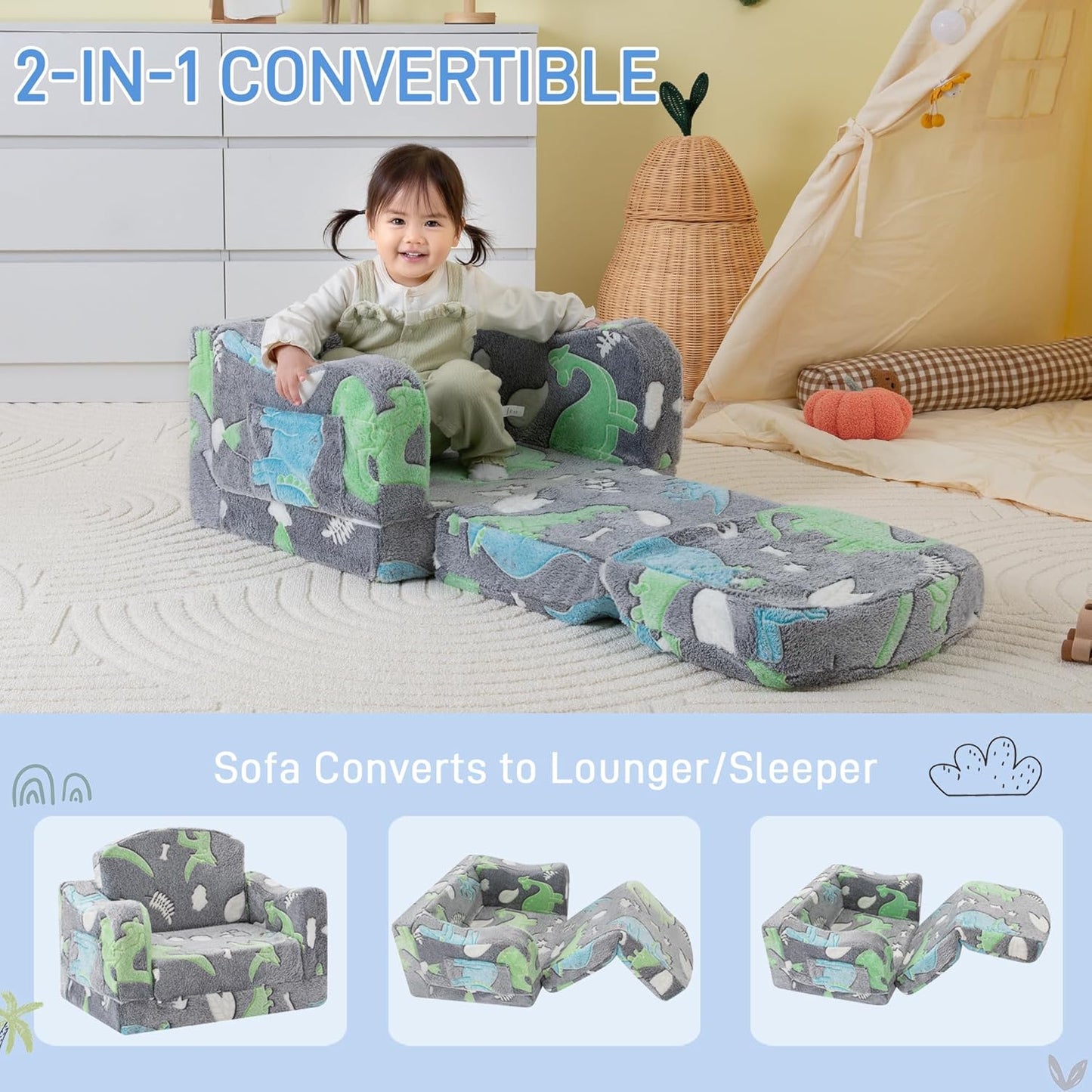 Thick Comfy Toddler Chair and Couch for Kids,2-in-1 Soft Plush Fold Out Sofa for Children,Convertible Couch to Lounger for Toddler