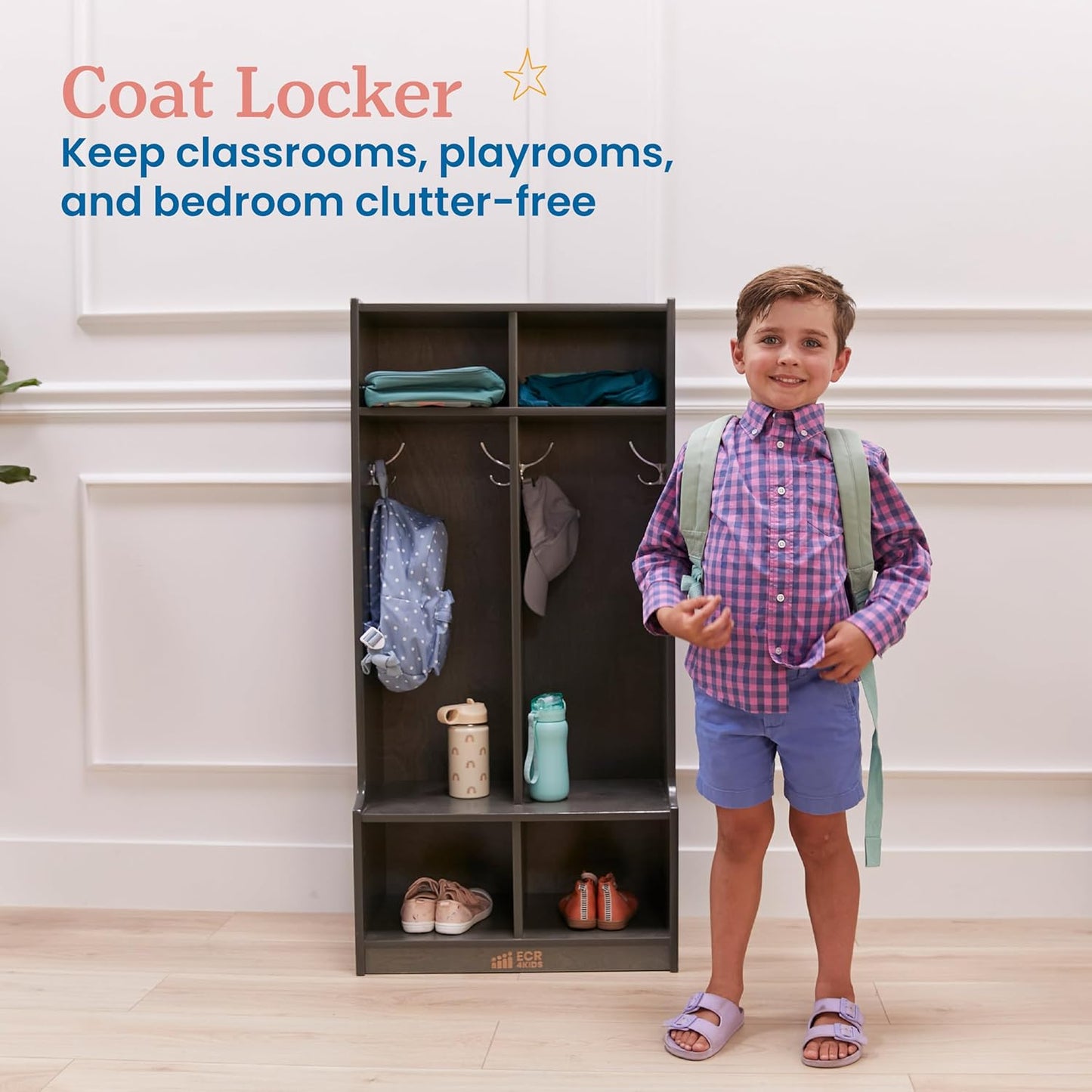 ECR4Kids 2-Section Coat Locker with Bench, Classroom Furniture, Grey Wash